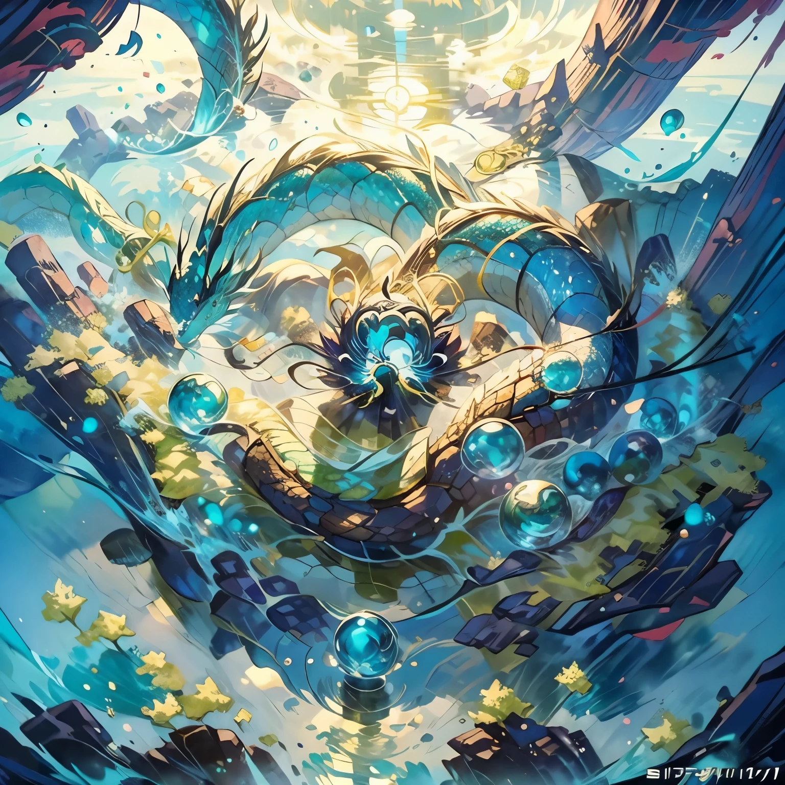 Dragon chinois, dragon vert turquoise, dragon made from transparent water, dragon in the middle of a lake surrounded by rocks, dragon a hundred meters long, style d’art jeu vidéo gacha