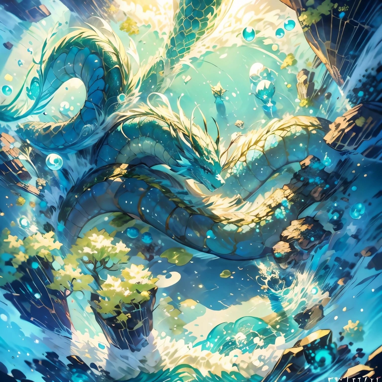 Dragon chinois, dragon vert turquoise, dragon made from transparent water, dragon in the middle of a lake surrounded by rocks, dragon a hundred meters long, style d’art jeu vidéo gacha