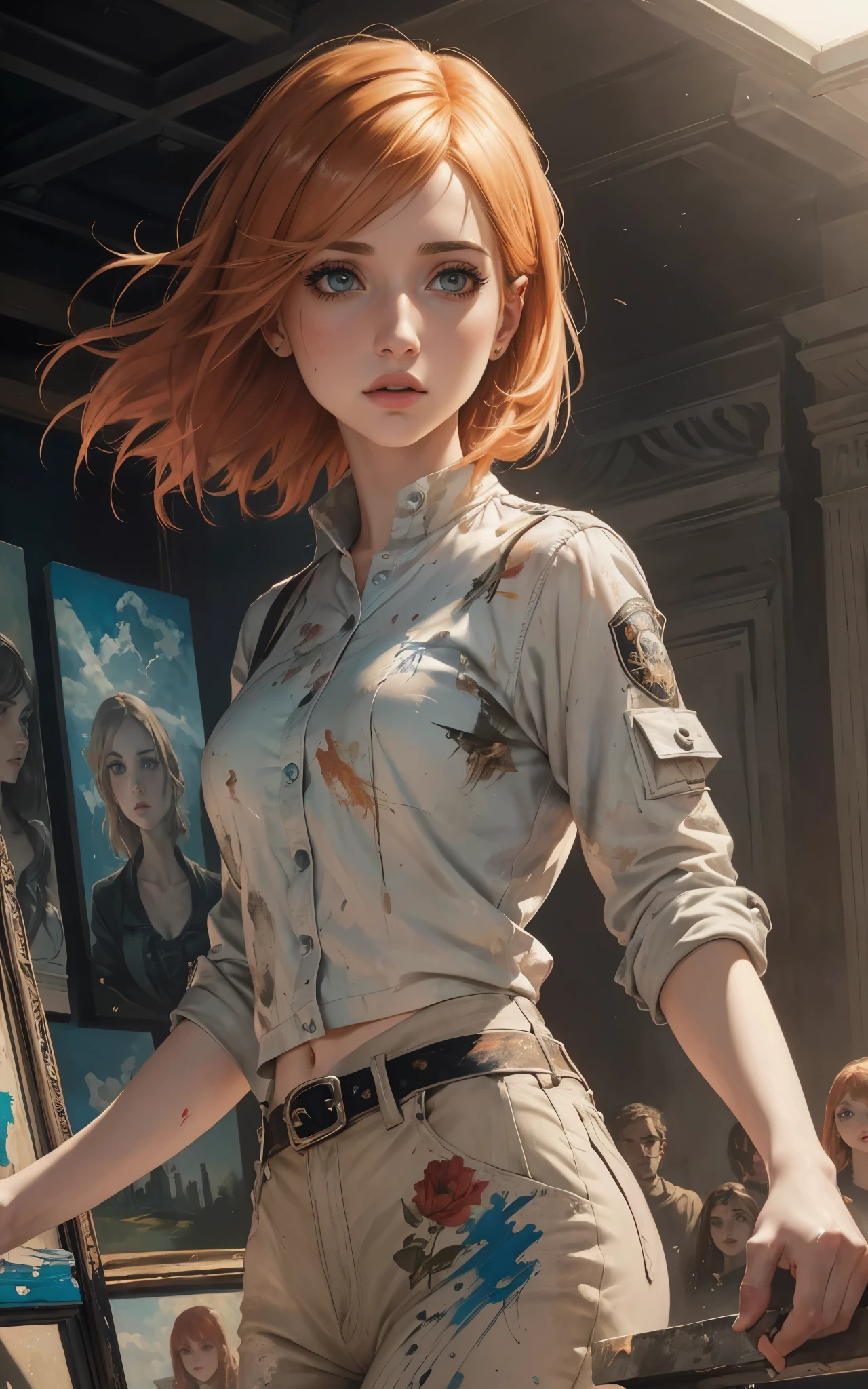 (Emily Rudd:Hayley Williams) best quality, masterpiece, (realistic:1.2), detailed face, beautiful eyes, (masterpiece, top quality, best quality, official art, beautiful and aesthetic:1.2), (1girl:1.4), extreme detailed, (Joshua Middleton comic cover art:1.1), (Action painting:1.2), (concretism:1.2), theater dance scene, (hypermaximalistic:1.5), colorful, highest detailed,