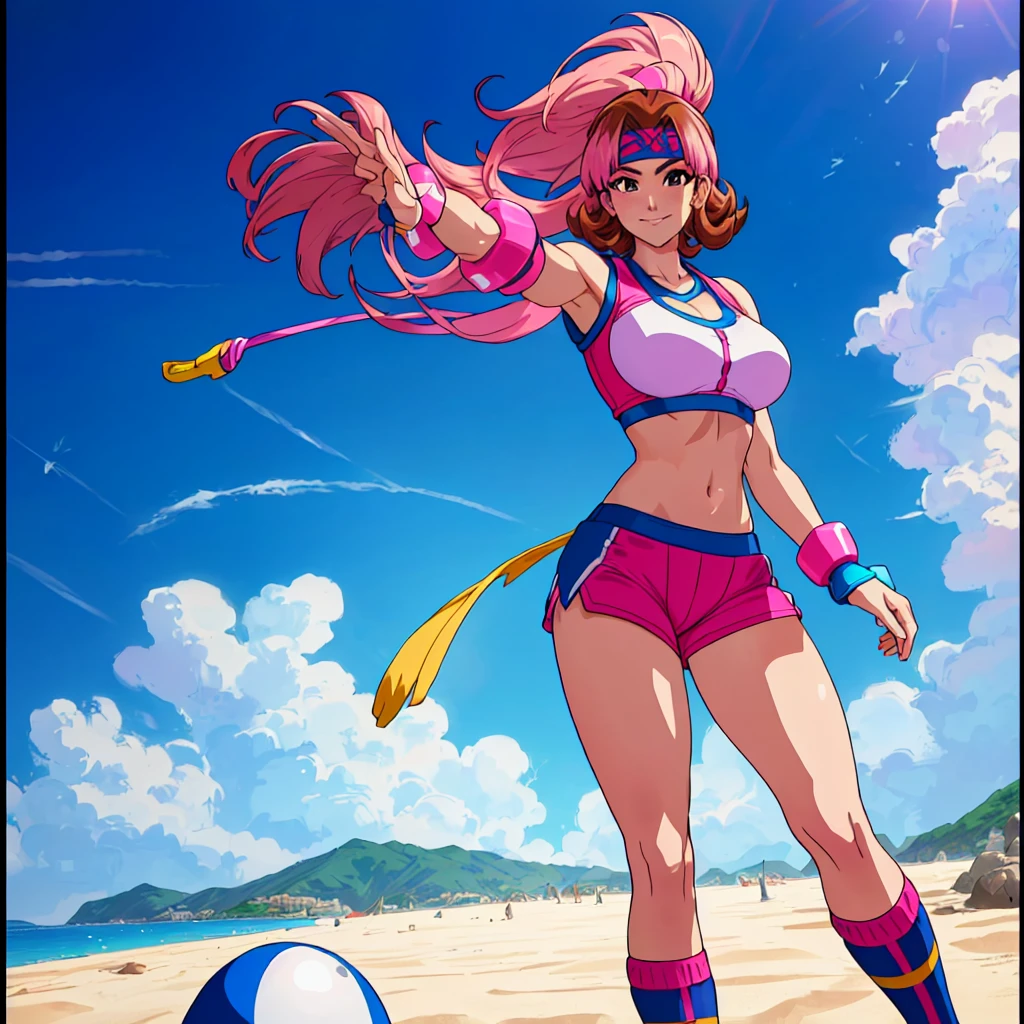 imagined a girl in extreme sport outfit playing to a flying disc game in a beach arena game sport, masterpiece, ultra-detailed, 80's anime (style), 2D, megapixel, perfectionism, full HD , 4K, (windjammers), windjammers sport game, windjammers 2 (((((solo mature anime woman,)))))++++++++++++++++++, looking at viewer, full body, brown hair and pink hair, short hair, weird hair, smile, lips, eyelashes, medium breasts, gym uniform, uniform, gym shorts, headband, sports bra, elbow pad, knee pad, extreme sports outfit 80's theme, beach background, playing flying disc game on a beach court game, sea, sun in the sky, sports wear