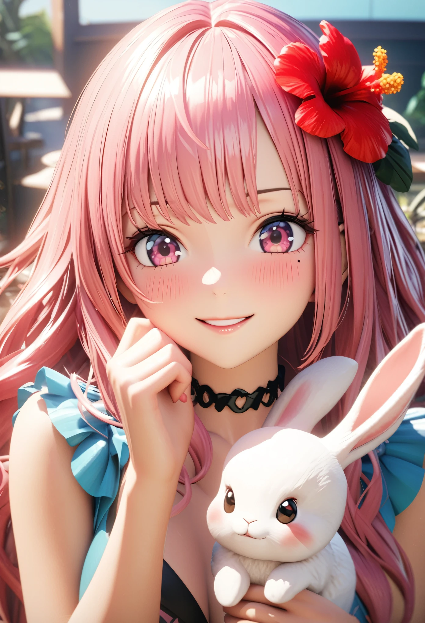masterpiece, highest quality, Very detailed, High resolution, An expensive solution, High resolution, 4K, 8k, unity 8k wallpaper, Very detailed CG, masterpiece, 2D, 3D, Beautiful details, depth, Fine texture, highest quality: 1.3, Total concentration, Crisp skin, he, Very cute anime rabbit, A cute rabbit like an idol, expensive pink long hair, One Girl, Aloha One Piece, morning, morning食, hibiscus hair accessory, Smiling long pink hair, whole body, Mole under the eye, Line Sight, expensive, blush, Lips parted, heart, Pink Eyes, choker