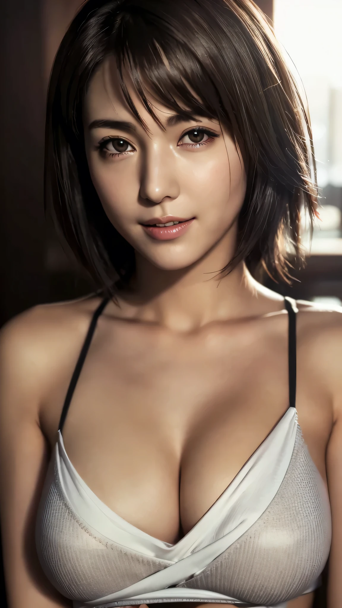 Top quality, ultra high resolution, (photorealistic: 1.4), beautiful eyes, super beautiful, short hair, beautiful breasts, lover, t-shirt with rough chest, eyes inviting viewer, lover's eyes, inviting facial expressions, sexy smile, perfect style, perfect balance, detailed skin, naughty eyes, chest visible