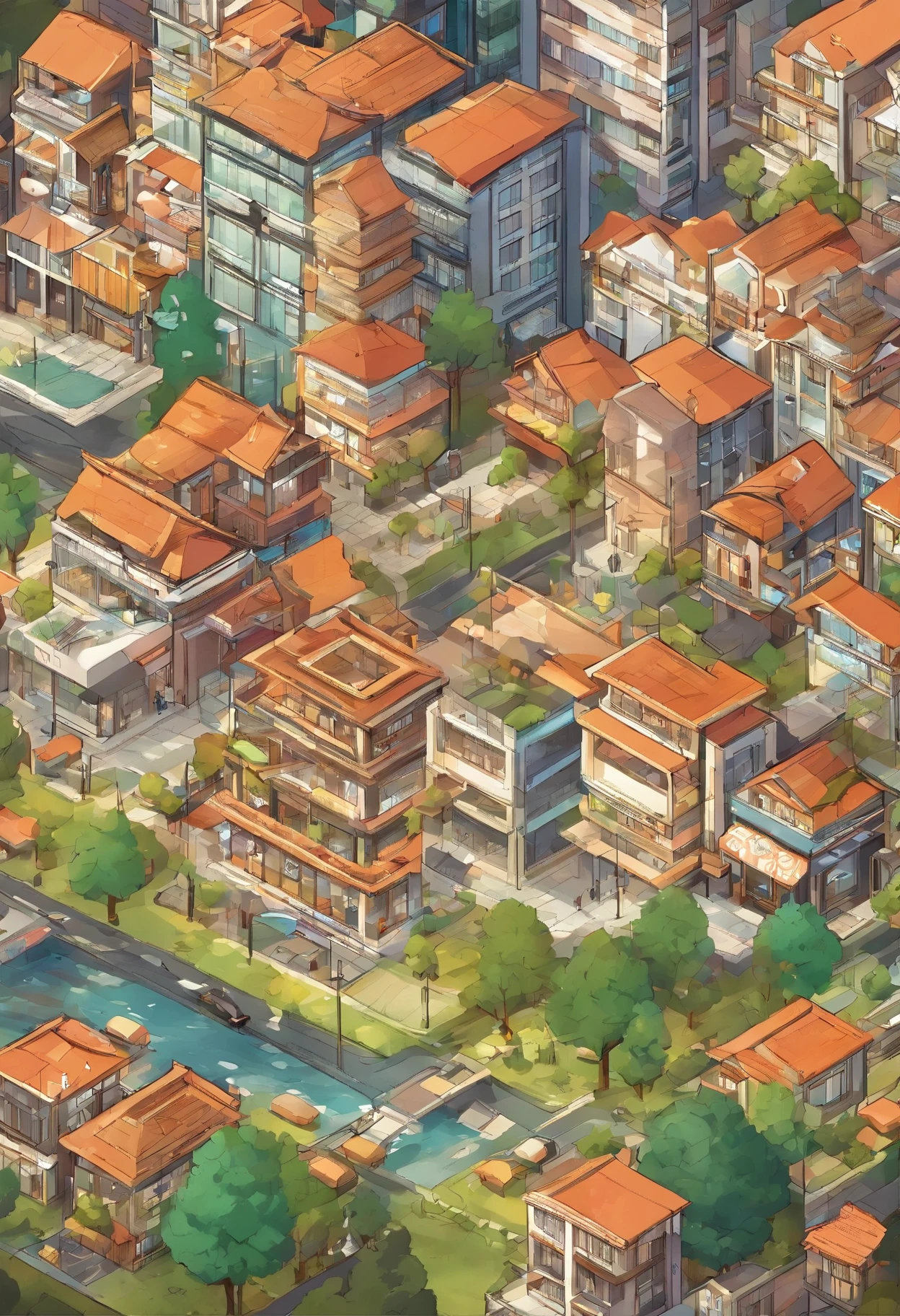 Absurdo, best quality, fantasia, isometric, Knolling estilo de (Cidade urbana, tokyo, noite, escura, letreiro neon), rua, Posts, Sombras, darkeness, (fundo simples ceu escuro), Welcome to the vibrant world of our town map isometric view game! Picture a bustling urban landscape seamlessly interwoven with pockets of lush greenery and serene natural beauty. Your task is to explore this dynamic town, navigating its winding streets lined with eclectic shops, cozy cafes, and bustling markets. But amidst the urban hustle and bustle, don't forget to venture into the tranquil parks, scenic riversides, and wooded trails that offer a refreshing escape into nature's embrace. Describe the sights and sounds of this unique town, from the skyscrapers towering against the skyline to the gentle rustle of leaves in the nearby forests. As you uncover the secrets of each district, immerse yourself in the rich tapestry of urban and natural elements that define this captivating setting.