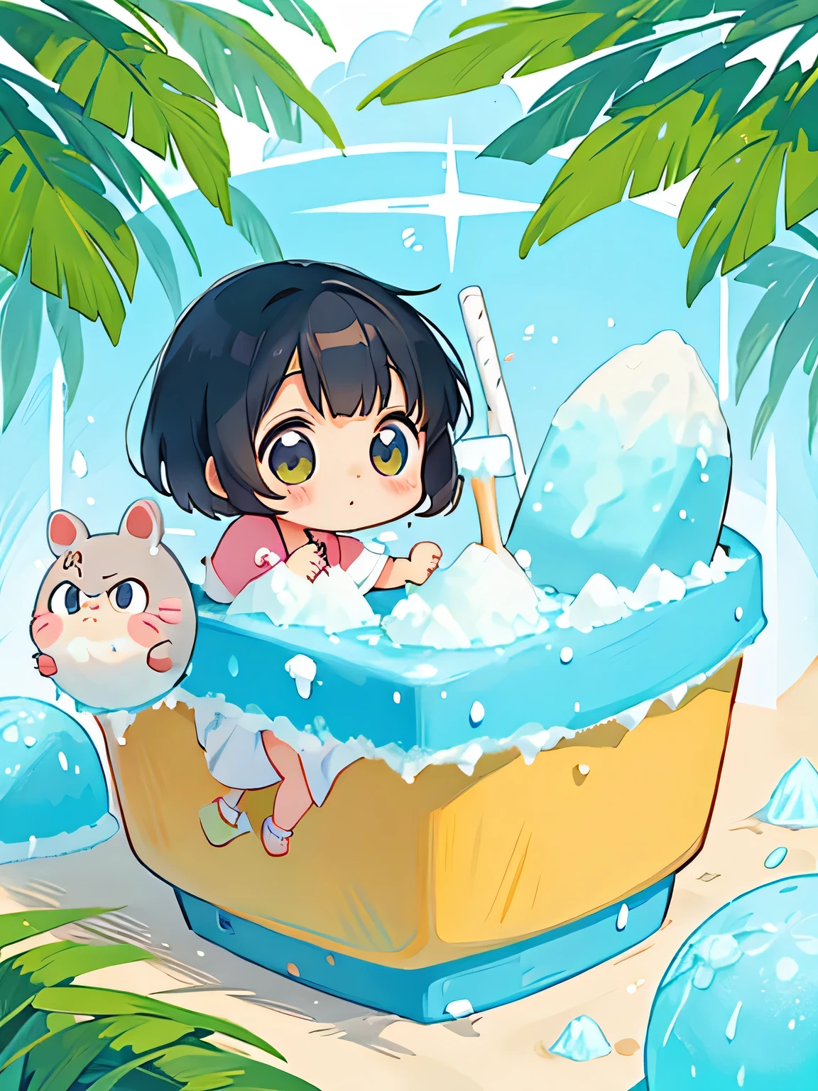 Hayao Miyazaki style, Kawaii Design, The most beautiful girl of all time、Chibi, making a fuss、Cute Totoro, beach, summer, Swimwear, (((shaved ice))), hot summer
