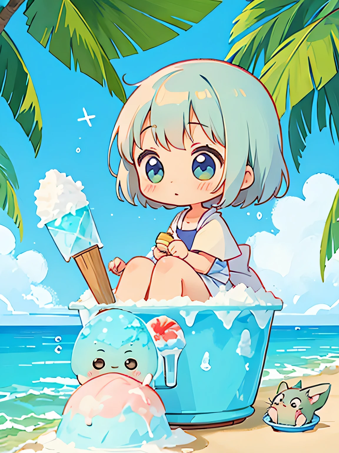 Hayao Miyazaki style, Kawaii Design, The most beautiful girl of all time、Chibi, making a fuss、Cute Totoro, beach, summer, Swimwear, (((shaved ice))), hot summer