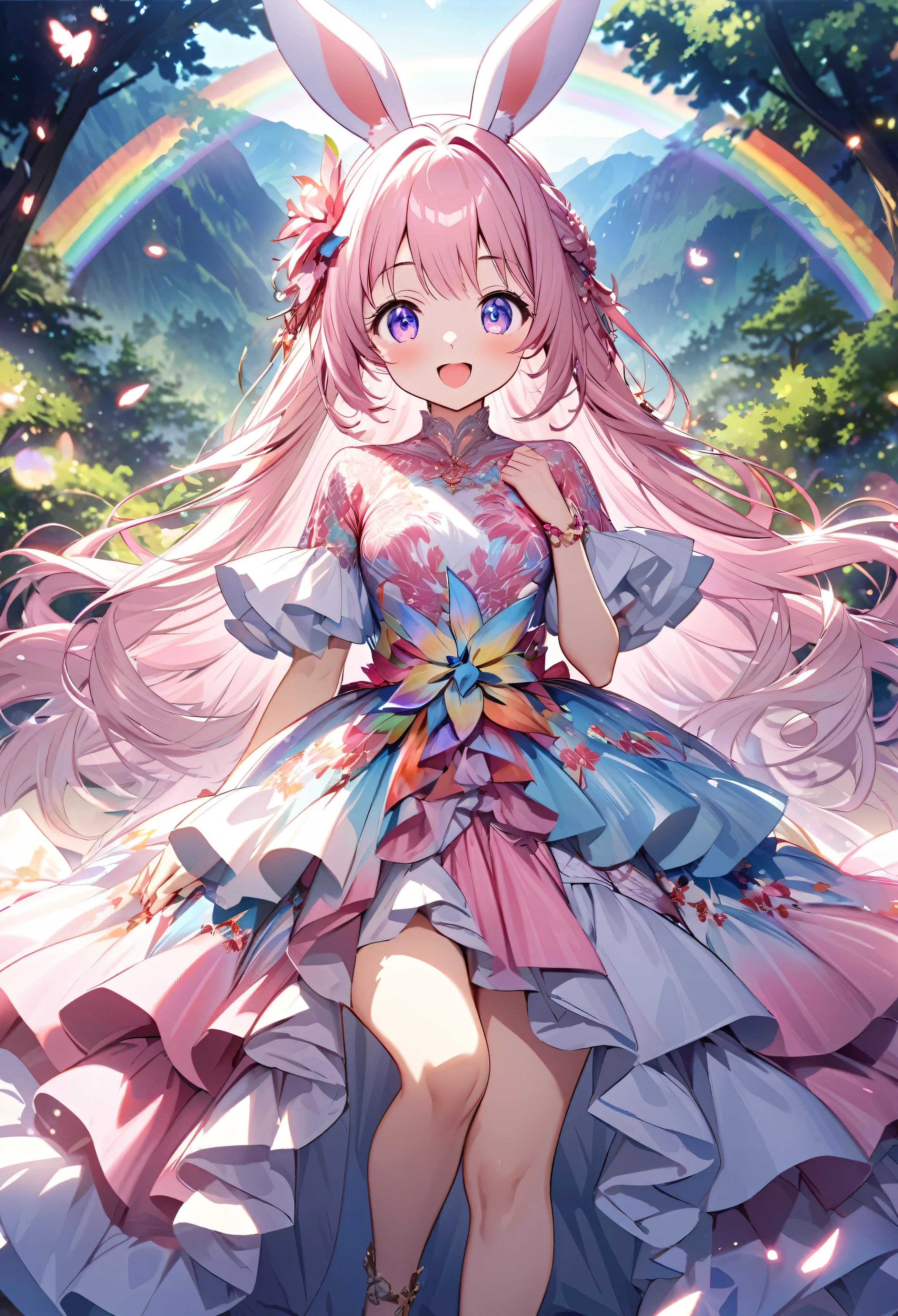 ``Japanese anime character, cute rabbit in pink color, beautiful adorable rabbit wearing an elegant and elaborate Hawaiian dress, the dress must have intricate designs and patterns to give it a luxurious and exclusive look. In the background, the image should depict the richness of the forest, with sunlight reflecting off the trees and illuminated mountains beyond. , emphasize the shimmering effect and rainbow throughout the image. Enhance your look and add special ruffles to your dress to stand out.”