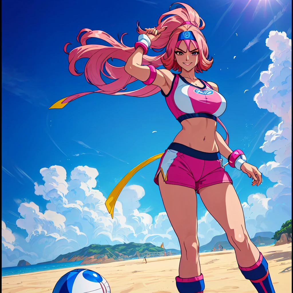 imagined a girl in extreme sport outfit playing to a flying disc game in a beach arena game sport, masterpiece, ultra-detailed, 80's anime (style), 2D, megapixel, perfectionism, full HD , 4K, (windjammers), windjammers sport game, windjammers 2 (((((solo mature anime woman,)))))++++++++++++++++++, looking at viewer, full body, brown hair and pink hair, short hair, weird hair, smile, lips, eyelashes, medium breasts, gym uniform, uniform, gym shorts, headband, sports bra, elbow pad, knee pad, extreme sports outfit 80's theme, beach background, playing flying disc game on a beach court game, sea, sun in the sky, sports wear