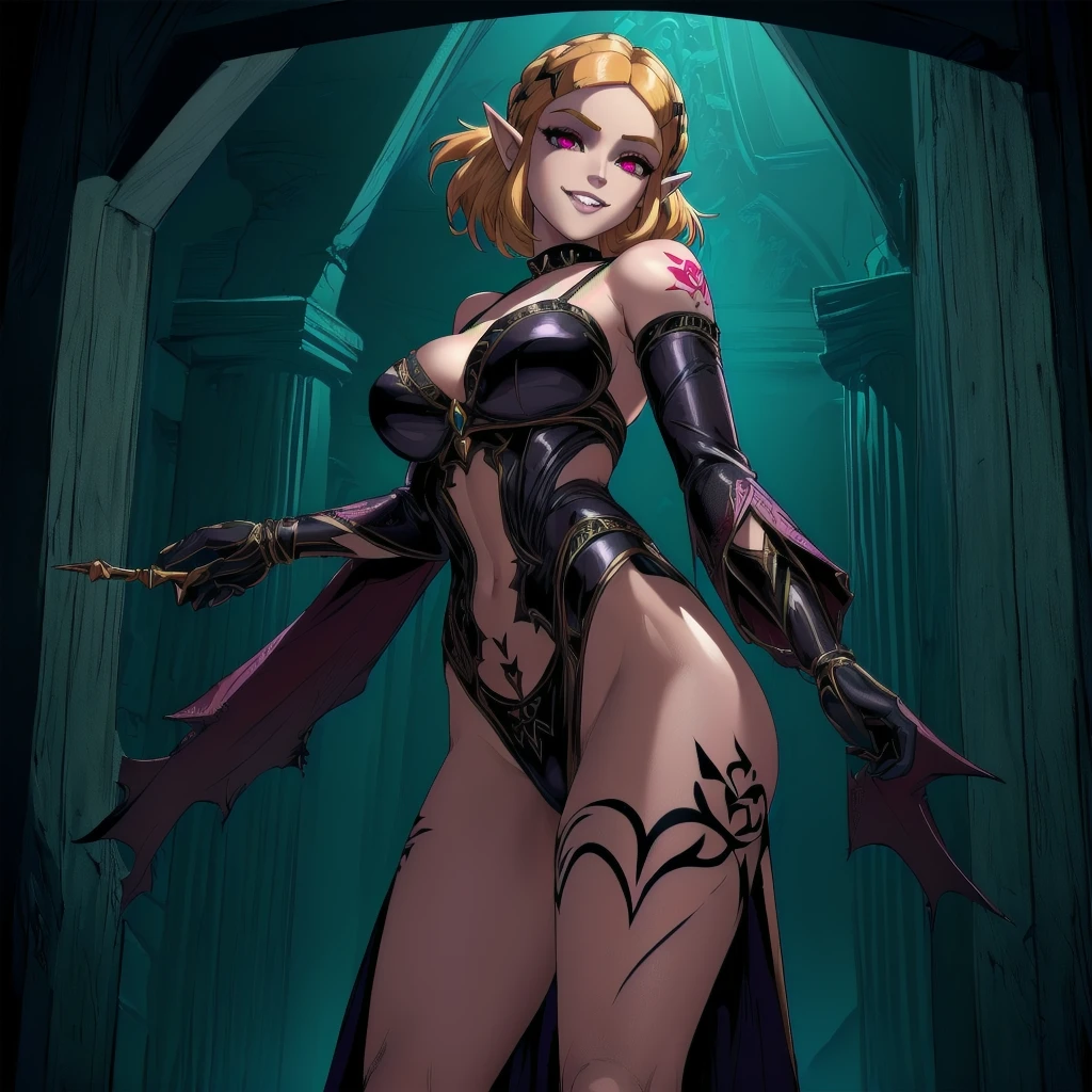 (zelda totk reimagined as a corrupted dark queen by ganon )+++, sfw++,masterpiece, best quality, high quality, illustration, film grain,(perfect female )++, beautiful detailed eyes, (symbol of evil:1.2),milf zelda, lascivious woman, (evil smile:1.1), (villain, dark heroine:1.2), (perfect female proportions:1.1), (seductive eyes:1.2), eyeliner, mascara, sexy makeup, (seductive smile:1.2), (mature woman:1.4),masterpiece, best quality, high quality, illustration, film grain, 1girl, (glowing evil red eyes), evil grin, crazy eyes, (high resolution, masterpiece, ultra best quality, insanely amazing hyper fine extremely detailed, official:1.4) dark heroine anime girl with short hair in a dark and evil place, extremely detailed artgerm, (official:1.4), dynamic composition, (solo girl:1.4), {sfw}, masterpiece, ultra-detailed, iconic attack, dominatrix, spiked collar, dark kingdom, bad end, 1girl, solo female, solo focus, mature female, standing, full body, looking at viewer, dark zelda totk, dark queen, evil, corruption, contrapposto, mind break, blond hair, (short hair:1,5), evil smile, lips, eyelashes, evil grin, dark aura, thigh_clothes, ,alternate costume, bdsm, (intricate details:1.12), (intricate details, hyperdetailed:1.15), hdr, dungeon, (at night:1.2), fireplace, warm light, dramatic light, cinematic,creepy dungeon, dark aesthetic, goth aesthetic, creepy, ominous background, dark atmosphere, death atmosphere, green and red atmosphere, evil dungeon background, gothique, faint darkness, ((red glow crotch tattoo)),