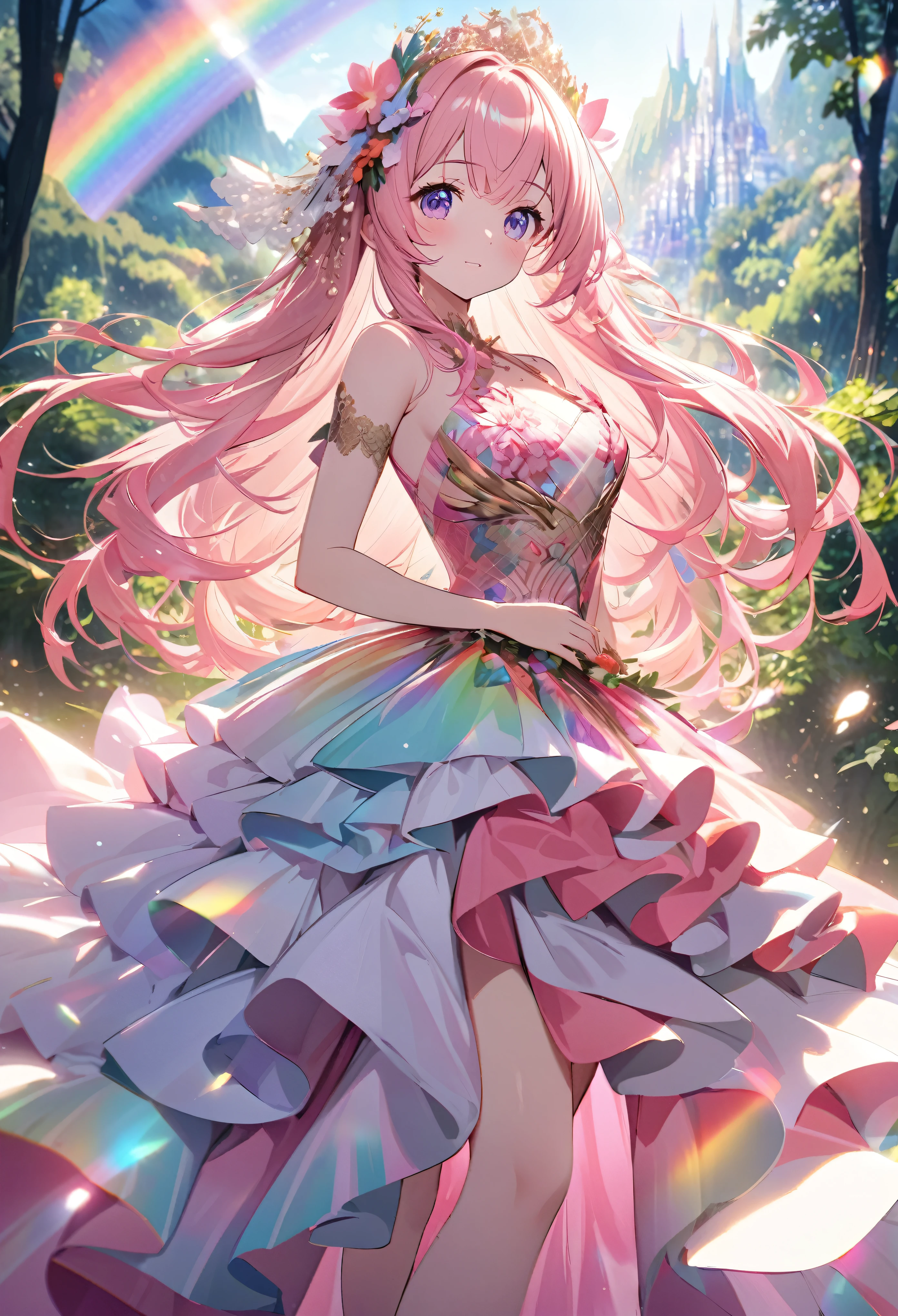 ``Japanese anime character, cute rabbit in pink color, beautiful adorable rabbit wearing an elegant and elaborate Hawaiian dress, the dress must have intricate designs and patterns to give it a luxurious and exclusive look. In the background, the image should depict the richness of the forest, with sunlight reflecting off the trees and illuminated mountains beyond. , emphasize the shimmering effect and rainbow throughout the image. Enhance your look and add special ruffles to your dress to stand out.”