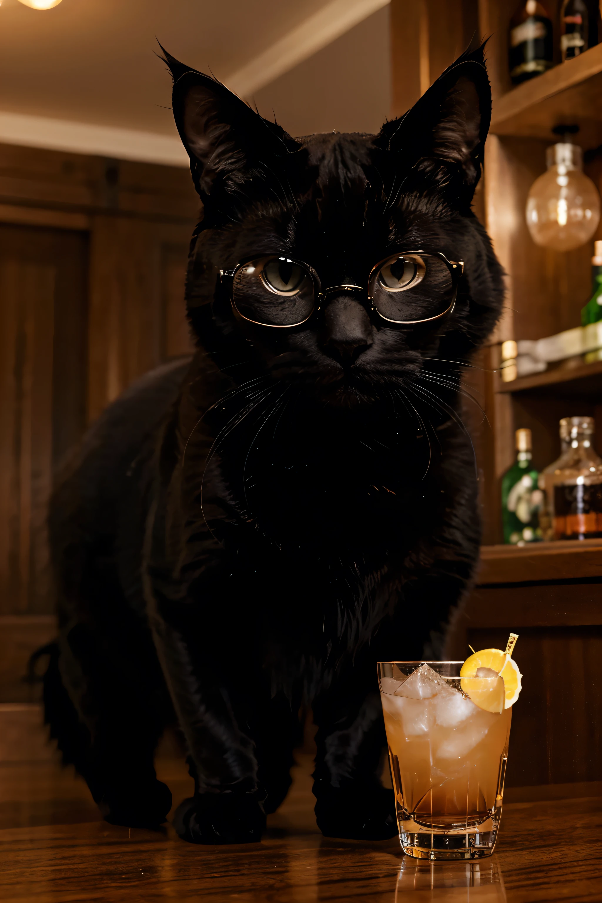 A black cat with glasses drinks a cocktail of 8k texture
