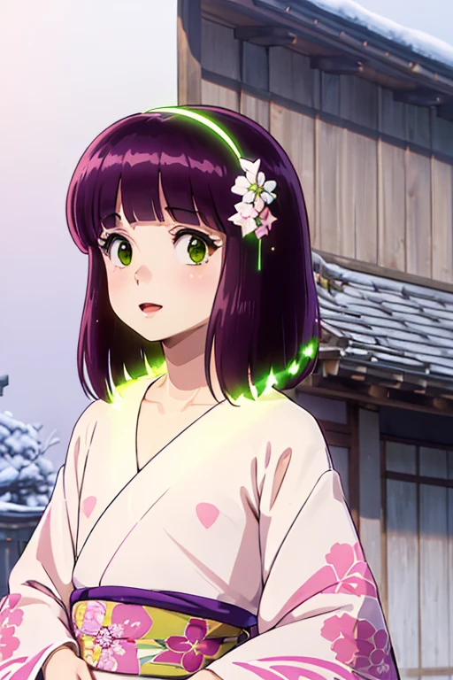 Very detailed CG Unity 8K wallpaper, Cute One lady, Mature Hair、lady ,beautiful lady, pale skin (Super masterpiece, Beautiful person, well detailed face polluted smile, Photorealistic, hyper realisitic), Colorful winter kimono in pink and white colors、(white fur)、Japanese Style Hair Accessories、smile、Japanese background with light pink flowers and snow、Portrait、(flat chest:1.3)、(Glowing Skin:1.7)、Detailed eyes、Big eyes、Open your mouth、Hide your arms、(shinobu miyake:1.5, long hair, bangs, purple hair, (green eyes:1.5))