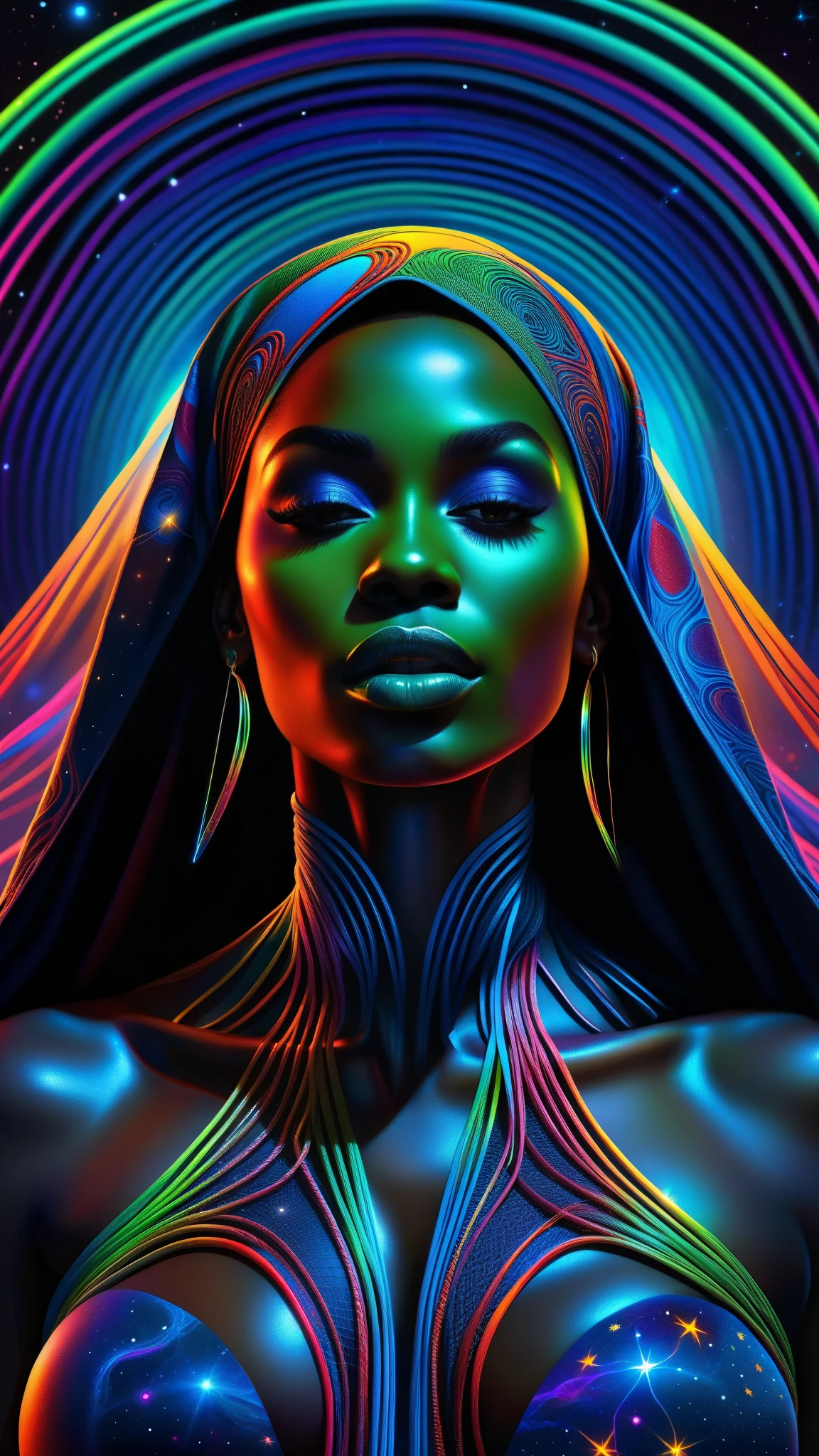 cartoon style, masterpiece, best quality, ultra high res, extremely detailed, (psychedelic art:1.4), black woman, African designed veil, visually stunning, beautiful, award-winning illustration, cosmic space background, ethereal atmosphere, ultra quality, beautiful black woman, cosmical concept, rainbow strings, rainbow skin, rainbow bloody veins growing and intertwining out of the darkness, nailed wire, oozing thick blue blood, sharp neon, veins growing and pumping blood, vascular networks growing, green veins everywhere, yin and yang, glowing space, glowing stars, infinity symbol