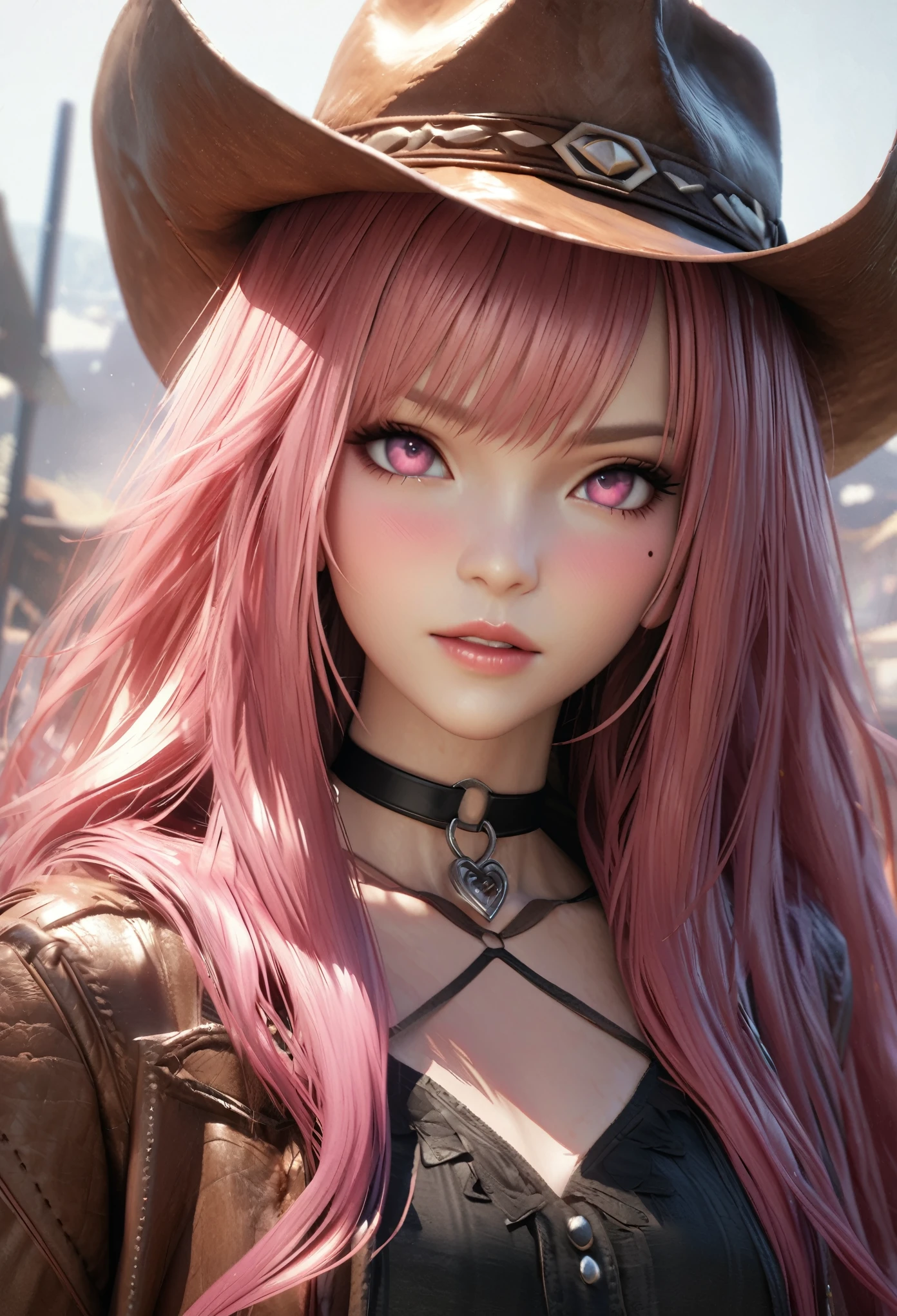 masterpiece,highest quality, Very detailed, High resolution, expensive resolution, High resolution, 4K, 8k, unity 8k wallpaper, Very detailed CG, masterpiece, Realistic, 2D, 3D, Beautiful details, depth, Fine texture , Super quality: 1.3, Fully focused, Crispy.skin, .he,
Very cute anime girl 、Cowboy Styleの衣装、Cowboy hat、Cowboy boots テキカン 荒野、Pink semi-long hair wearing expensive , One Girl、alone, Pink semi-long hair,  Cowboy Style、Cowboy hat、Long sword、duel、Cowboy boots、computer、disk、Mole under the eye, looking at the viewer , expensive , blush, Mole, Lips parted, hair ornaments, heart, Pink Eyes, choker