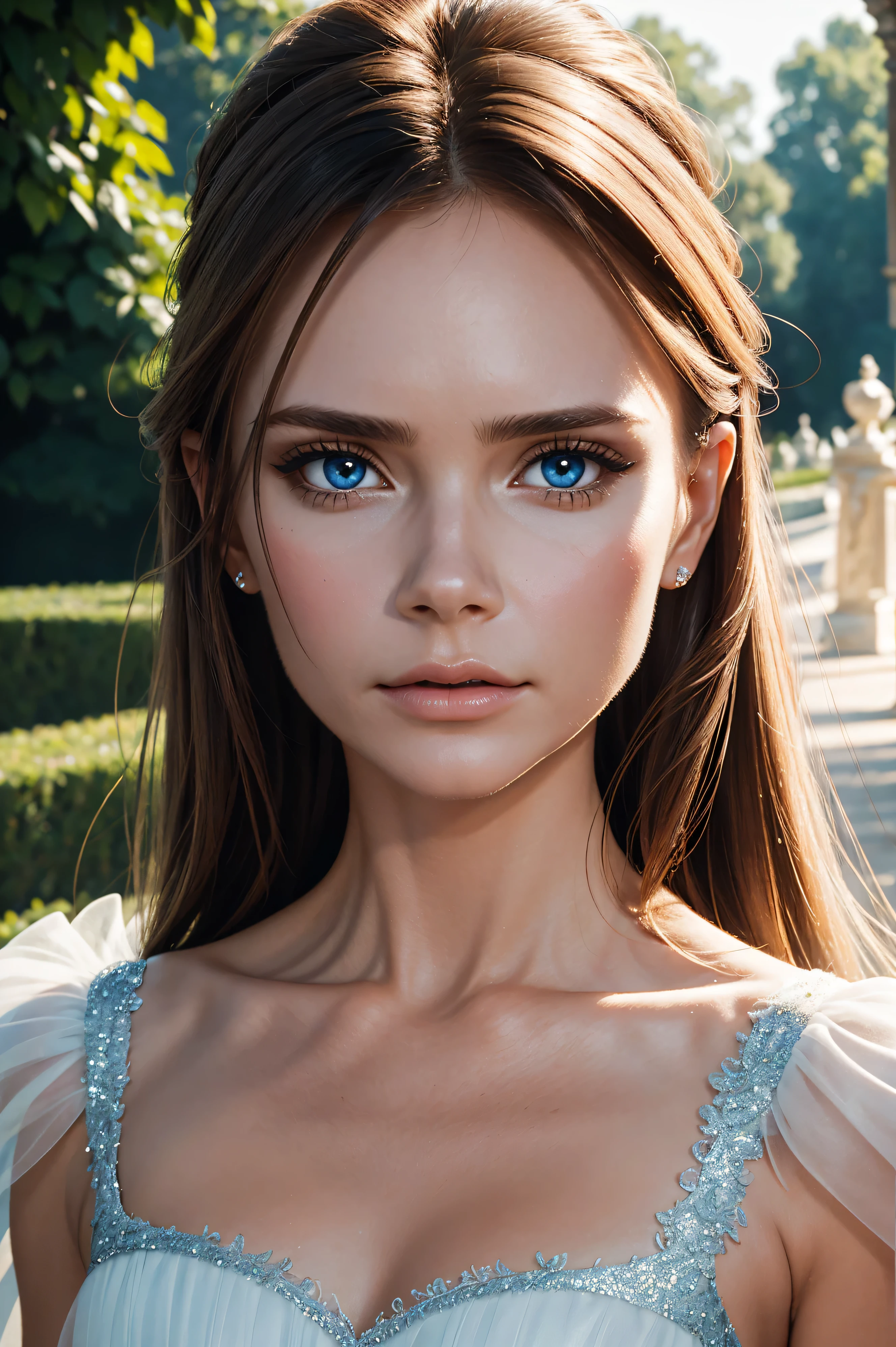Victoria Beckham, wearing Cinderella costume transparent. professionally retouched, soft lighting, realistic, smooth face, perfect eyes, sharp focus on eyes, 8 k, high definition, insanely detailed, intricate, elegant. against the background of the garden of Versailles.