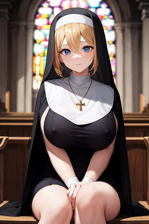 (best quality, masterpiece),  necklace, Large Breasts, nun, Blonde hair, Hair between the eyes, own hands,  sitting，黑色nun服，In the church，pose for love,see-throgh clothing,red nipples