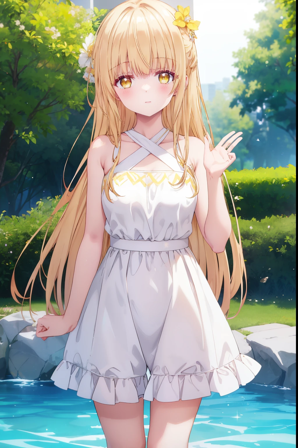 Mahiru shiina, , blonde, (Yellow Eyes:1.3)Straight Long Hair,,blush,smile,At sea、Wearing a cute swimsuit,Daytime、Arms raised to show armpits,Full body wearing swimsuit, 
（masterpiece:1.2), highest quality, High resolution, unity 8k wallpaper, (shape:0.8), (Beautiful and beautiful eyes:1.6), Highly detailed face, Perfect lighting, Extremely detailed CG, (Perfect hands, Perfect Anatomy),