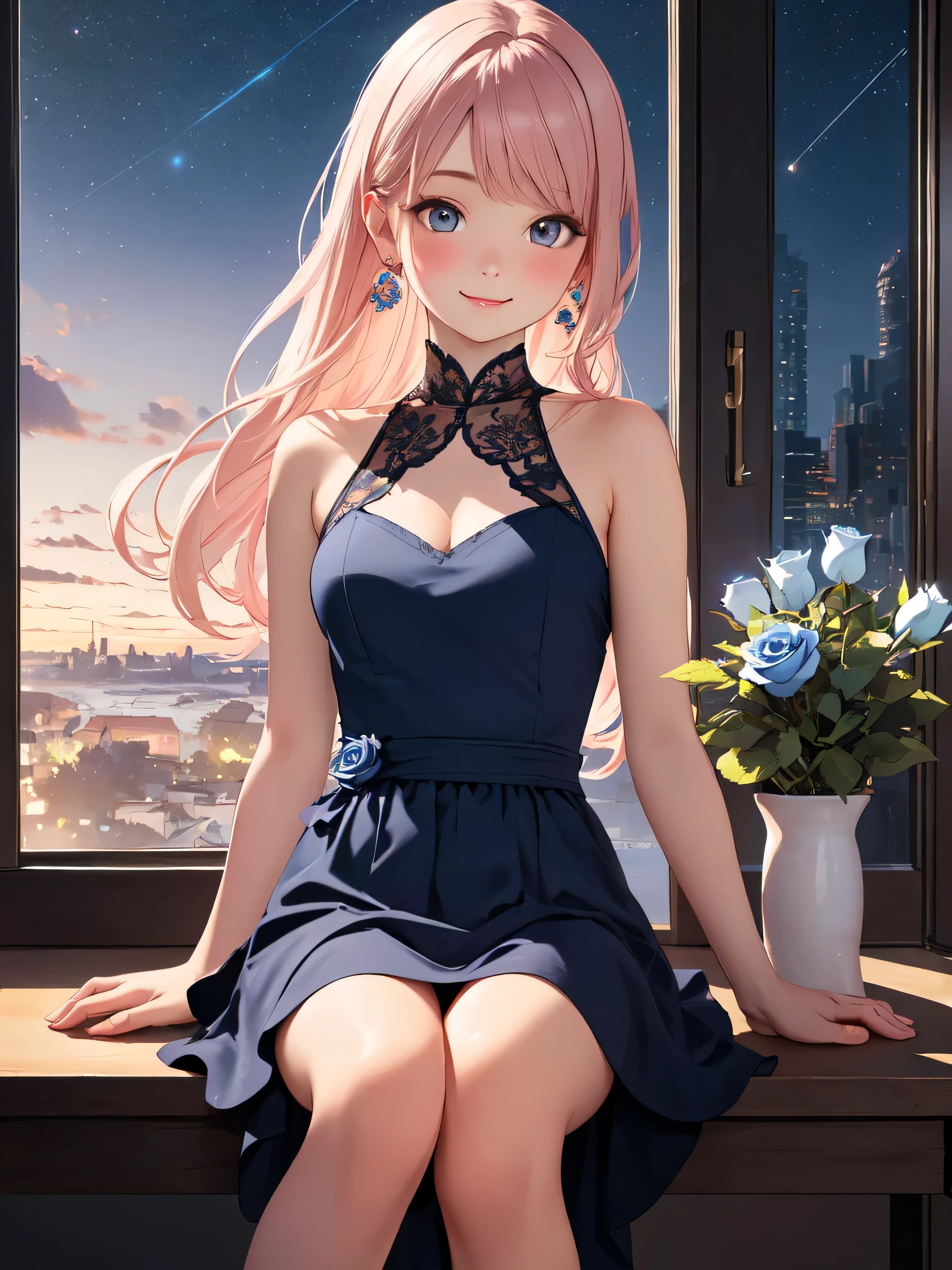 (8k, highest quality, masterpiece: 1.2), (Realistic, photoRealistic: 1.37), Very detailed, One Girl, cute, alone, Midnight, Beautifully detailed skies, Detailed Cafe, Sitting, date, (blush), (smile: 1.15), Small breasts (Mouth closed), Beautiful little eyes, Floating Hair NovaFrogStyle, backless dress, Blue Rose Accessories, Blue roses background