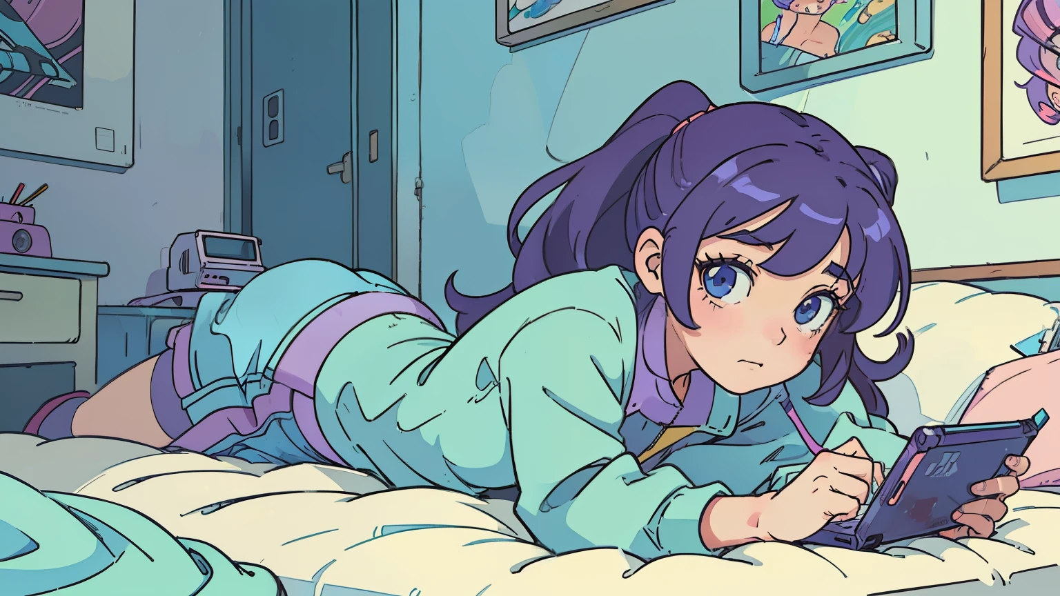 (masterpiece), (Best illustrations), 90s wind,Retro、2d animation, Cel painting, pastel colour, cyber punk、Lying on the bed and using a smartphone, Girl's Room, Black Stockings、The inside color is pink,Emo,Night view, Night Light, Lo-fi hip hop, Desktop PC, (highest quality), (Vaporwave Style), (Ultra-detailed), (Best illustrations), (Best Shadow),Perfect lighting, pale colour,fashionable