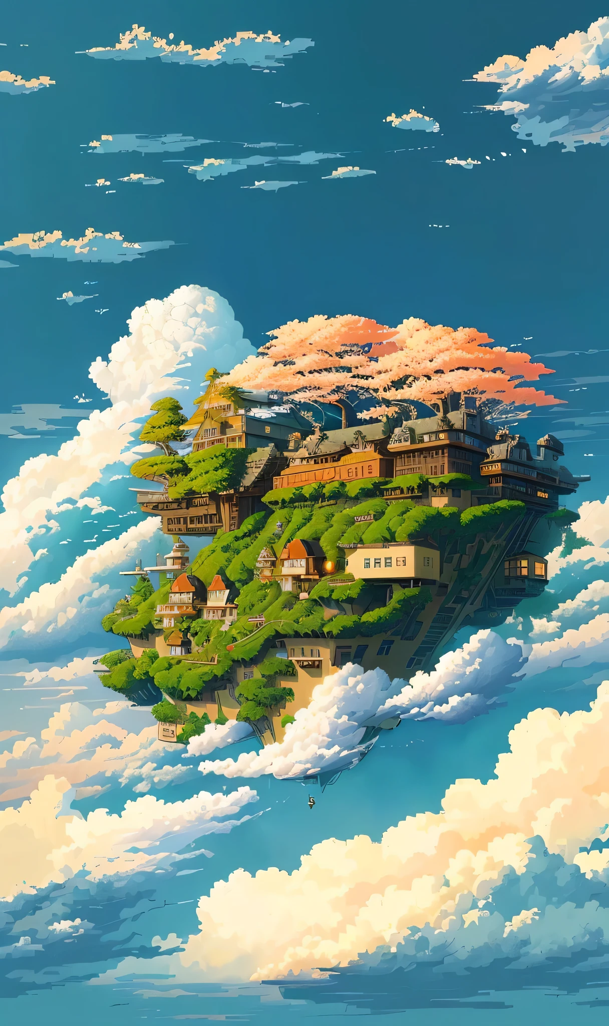 a painting of a ship house in the sky with a light orange and dark green tree on top, flying cloud castle, cloud palace, isometric ship house in the sky, floating ship house in the sky, ship house in the sky style, flying ship house in the sky, studio ghibli sky, ship house floating in the sky, ghibli spirited away vibe, beautiful detailed pixel art, ship house floating in the sky, a touch of orange in the clouds