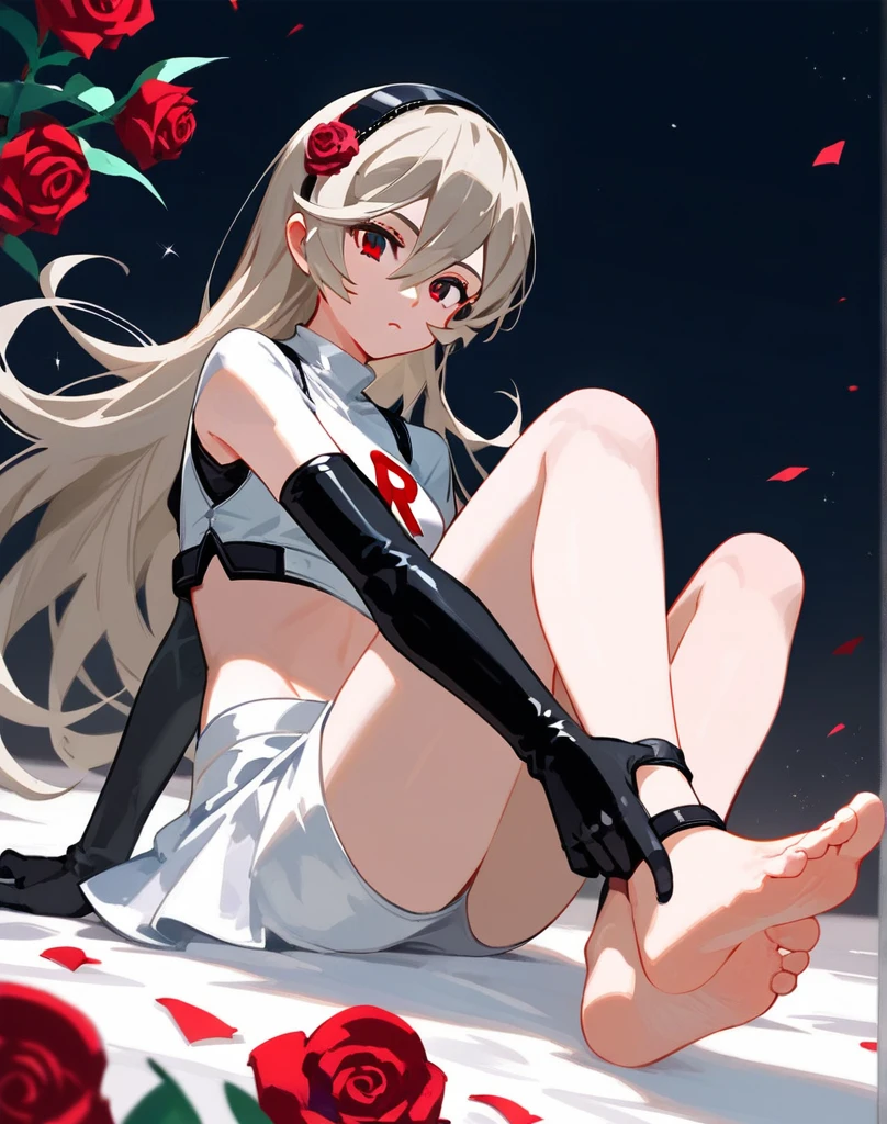 (score_9,score_8_up,score_7_up,),1girl,solo, master piece, best quality, Corrin, long hair, hair ornament, rose, team rocket,team rocket uniform, red letter R,white crop top, white skirt,black stirrup,black elbow gloves,bare foot,two feet, 