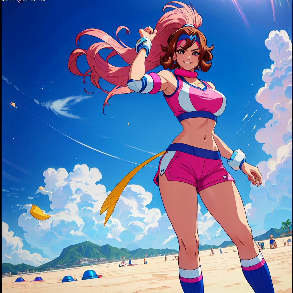 imagined a girl in extreme sport outfit playing to a flying disc game in a beach arena game sport, masterpiece, ultra-detailed, 80's anime (style), 2D, megapixel, perfectionism, full HD , 4K, (windjammers), windjammers sport game, windjammers 2 (((((solo mature anime woman,)))))++++++++++++++++++, looking at viewer, full body, brown hair and pink hair, short hair, weird hair, smile, lips, eyelashes, medium breasts, gym uniform, uniform, gym shorts, headband, sports bra, elbow pad, knee pad, extreme sports outfit 80's theme, beach background, playing flying disc game on a beach court game, sea, sun in the sky, sports wear