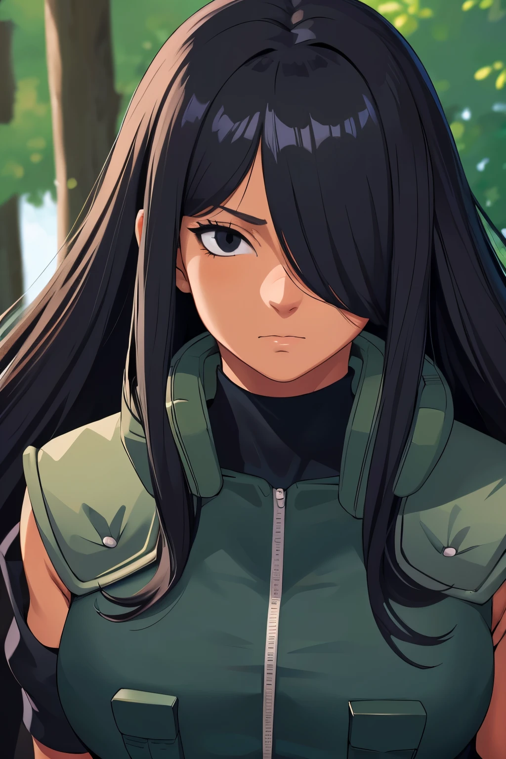 masterpiece, (solo), absurdres, portrait, ((upper body)), detailed background, fine detail, HDR, female, dark skin, bangs, black hair, long hair, messy hair, hair over one eye, neutral expression, ninja outfit, black eyes, medium breasts