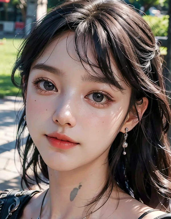 8k,(RAW Photos),(highest quality), (Photorealistic:1.4),Realistic skin texture 1 girl,cute,double eyelid,bangs,whole body,,Thin legs,(Slim figure),slim,smile,headgear,Earrings,necklace,Watching, watching, viewers,Face Focus,Depth of written boundary,club ,(Bust up shot:1),Bokeh,,