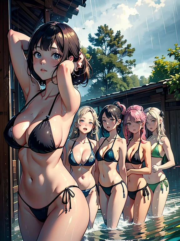 highest quality, Super detailed, (Ultra-high resolution,8K), Ultra-high definition 4K, (Perfect Anatomy, Anatomically correct), (5 cute girls:1.6), (Beautiful Eyes), (Detailed eyes), (High-quality facial beauty:1.2), (In the Storm:1.2), (Photorealistic:1.4), (Detailed big breasts), Soft Skin, Glowing Skin, Keep your buttocks in close contact, (Bikini Armor), Bright lighting, lined up vertically, Very heavy rain, (5 cute girls:1.6), colorful, Goddess-like beauty, Wave your hands loudly, (Browsing Caution)