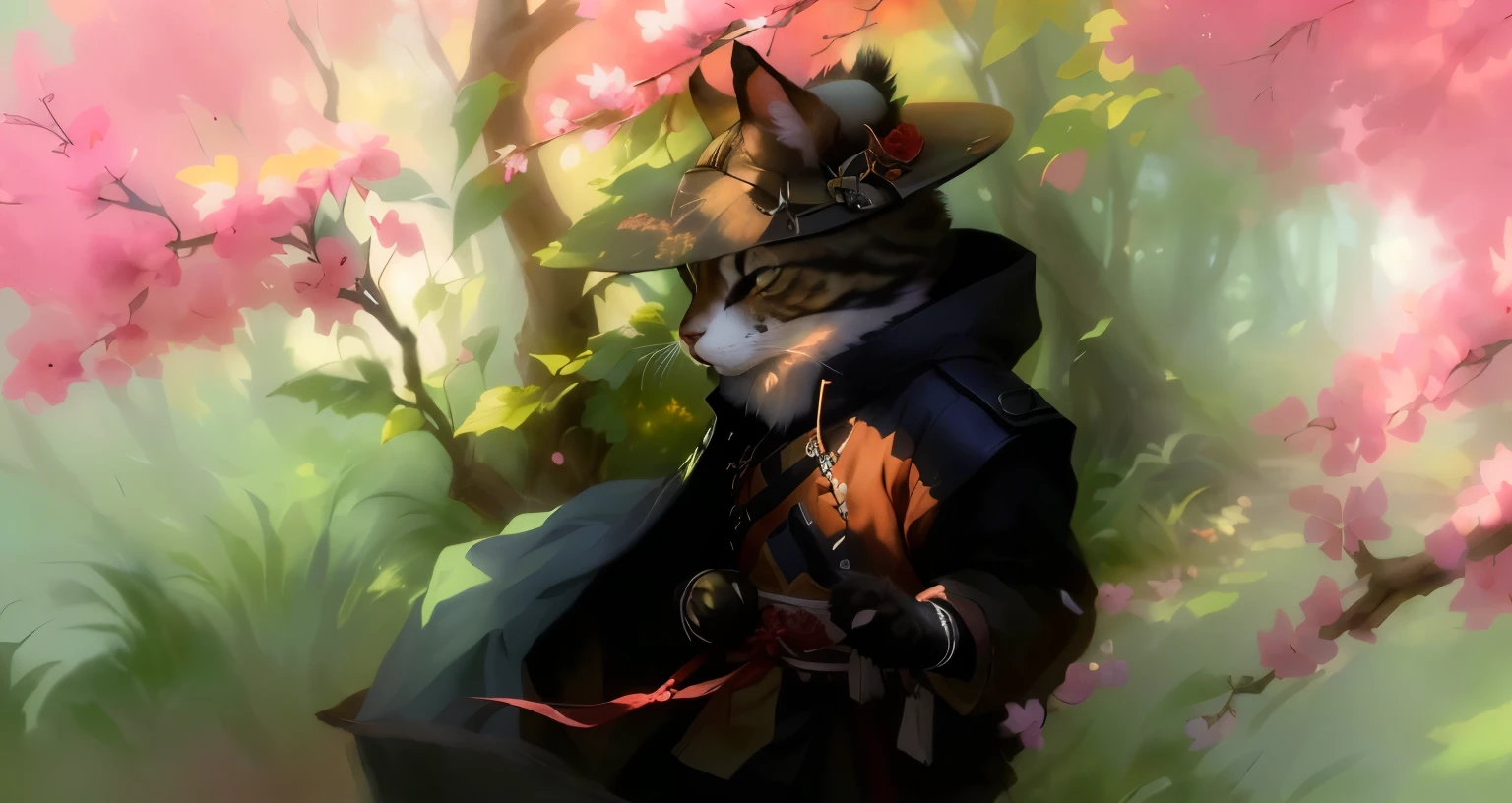 Painting of a cat with hat and jacket, der in einem Garten steht, Blumenschamane, anthropomorpher Samurai-Katze, Teemo, Katzen-Samurai, dark Blumenschamane, very very beautiful furry art, stilisierte Malerei, adorable digital painting, gemalt im Anime-Malerstudio, very detailed digital painting, inspiriert von Ma Shi, fursona art, pelzige Mawshot-Kunst, keine Katzenohren, keine Ohren
