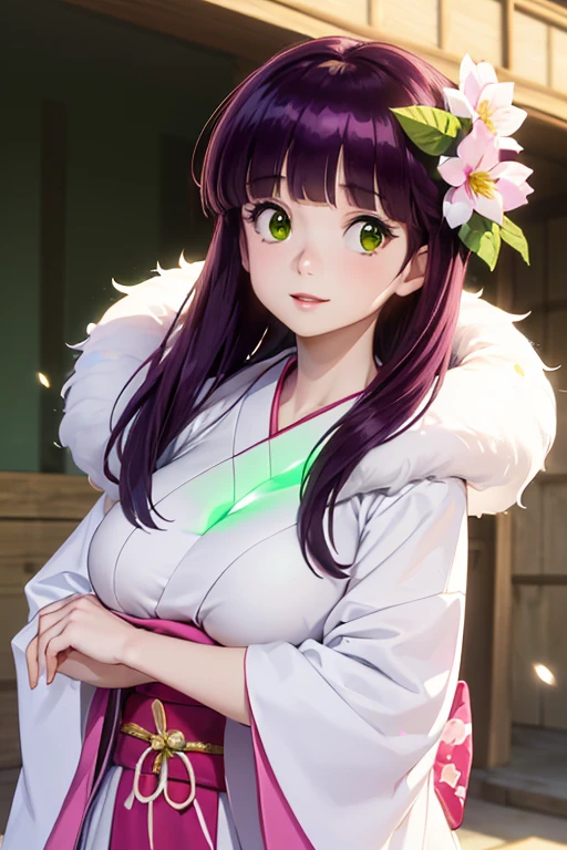 Very detailed CG Unity 8K wallpaper, Cute One lady, Mature Hair、lady ,beautiful lady, pale skin (Super masterpiece, Beautiful person, well detailed face polluted smile, Photorealistic, hyper realisitic), Colorful winter kimono in pink and white colors、(white fur)、Japanese Style Hair Accessories、smile、Japanese background with light pink flowers and snow、Portrait、(large breast :1.3)、(Glowing Skin:1.7)、Detailed eyes、Big eyes、Open your mouth、Hide your arms、(shinobu miyake:1.5, long hair, bangs, purple hair, (green eyes:1.5))