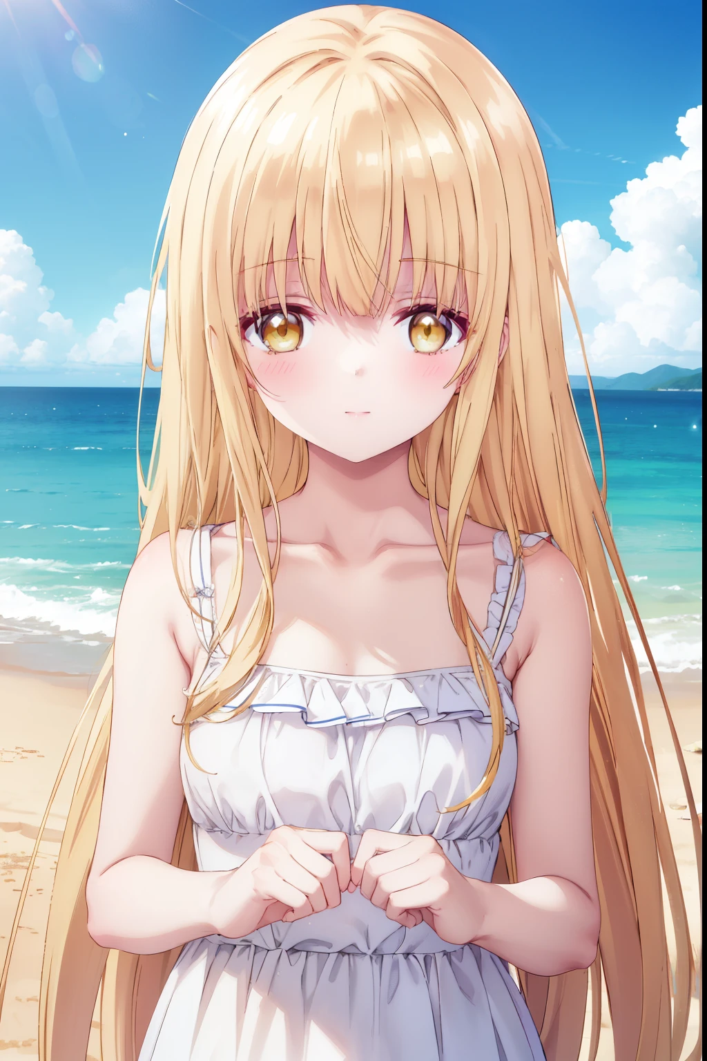 Mahiru shiina, , blonde, (Yellow Eyes:1.3)Straight Long Hair,,blush,smile,At sea、Wearing a cute swimsuit,Daytime、Wear a swimsuit、whole body
(masterpiece:1.2), highest quality, High resolution, unity 8k wallpaper, (shape:0.8), (Beautiful and beautiful eyes:1.6), Highly detailed face, Perfect lighting, Extremely detailed CG, (Perfect hands, Perfect Anatomy),