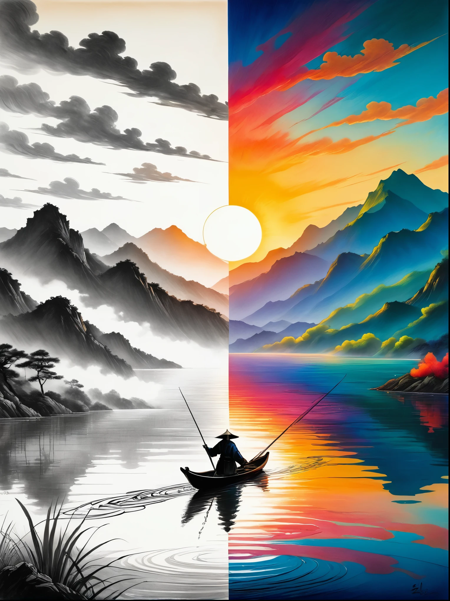 At sunset, angleshing line thrown into water, mountains, calm water surface, reflecting the tones of the water surface, Zhang Daqian style, The artwork should transition from a pencil drawing style in black and white on the left half to vibrant colors on the right half. Ensure a seamless integration between the two halves without any dividing line. The scene is identical on both sides, with the left side featuring detailed black and white pencil strokes and the right side filled with colors, creating a harmonious blend across the image.
