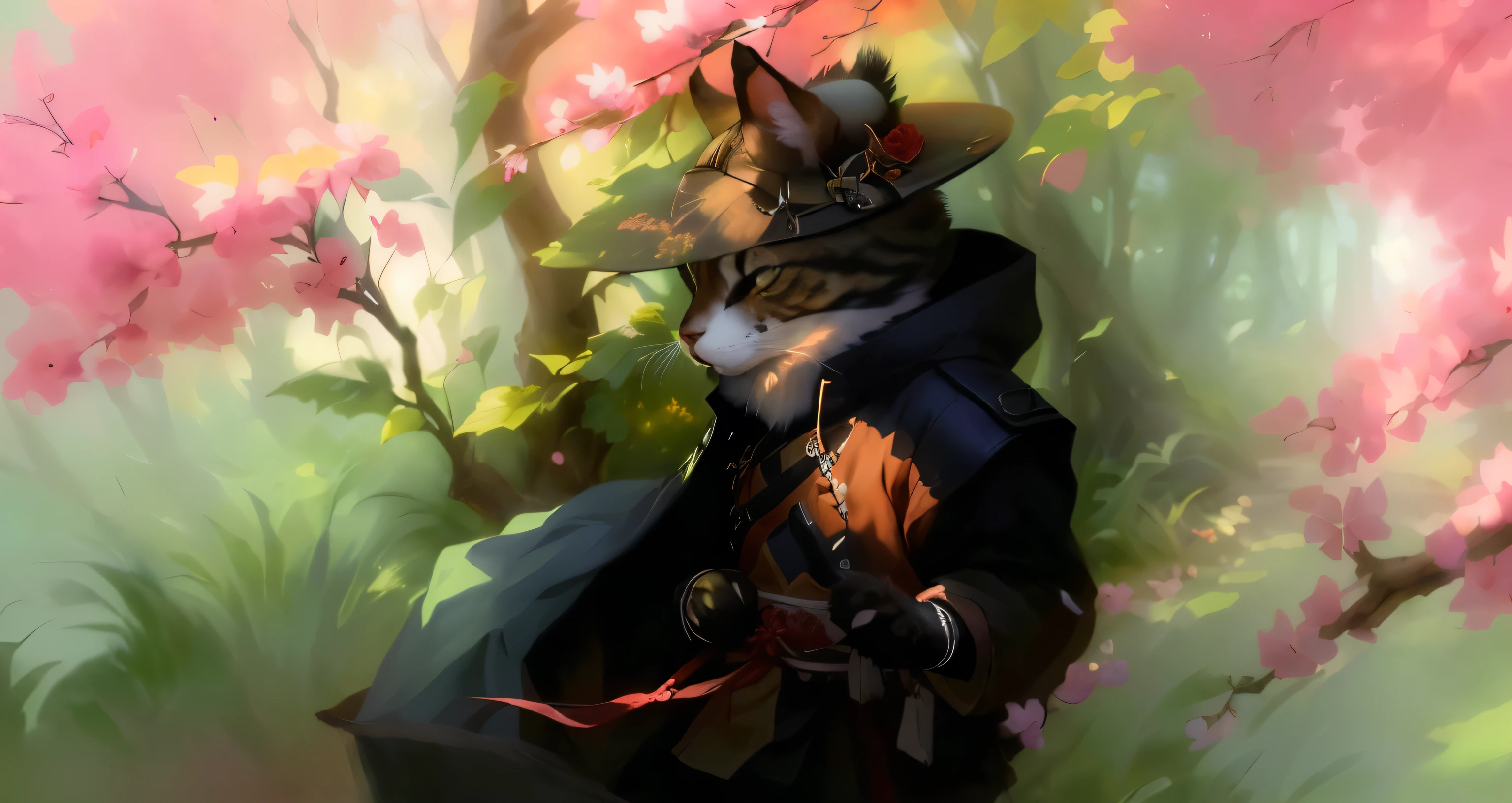 Painting of a cat with hat and jacket, der in einem Garten steht, Blumenschamane, anthropomorpher Samurai-Katze, Teemo, Katzen-Samurai, dark Blumenschamane, very very beautiful furry art, stilisierte Malerei, adorable digital painting, gemalt im Anime-Malerstudio, very detailed digital painting, inspiriert von Ma Shi, fursona art, pelzige Mawshot-Kunst, keine Katzenohren, keine Ohren