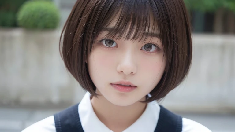 (Bob Cut Hair:1.2),(Wearing black school uniform:1.2),1 girl,Japanese,21 years old,(Small breasts:1.3),(highest quality,masterpiece:1.3,超A high resolution,),(Ultra-detailed,Caustics),(Photorealistic:1.4,RAW shooting,)Ultra-Realistic Capture,Very detailed,High resolution 16K human skin close-up。 Natural skin texture、,Pores、、It needs to be detailed enough to be easily identifiable。 Skin should be even-toned and healthy looking。 Use natural light and colour, Sad expression, Looking at the camera, Perfect dynamic composition, Outdoor