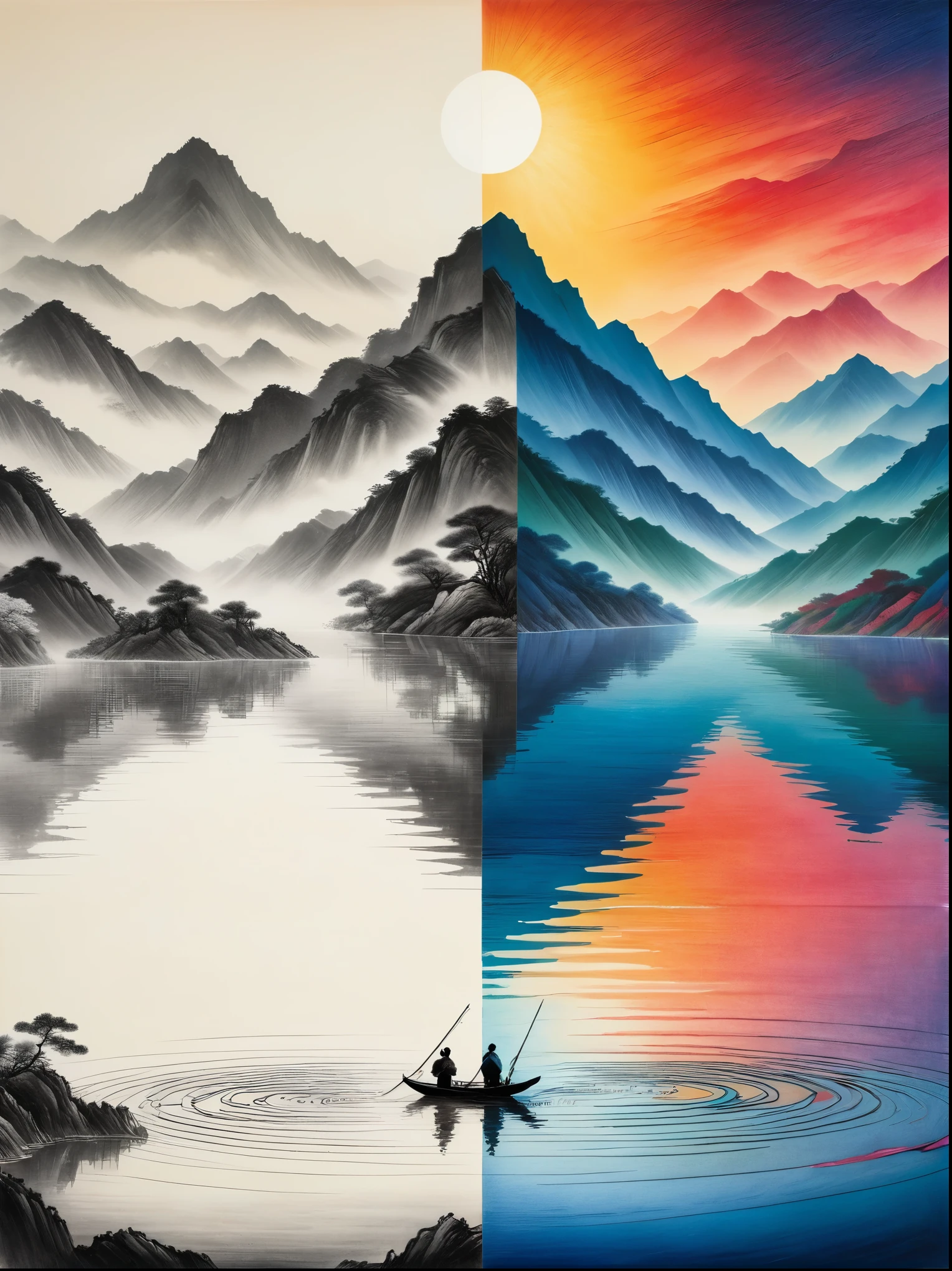 At sunset, angleshing line thrown into water, mountains, calm water surface, reflecting the tones of the water surface, Zhang Daqian style, The artwork should transition from a pencil drawing style in black and white on the left half to vibrant colors on the right half. Ensure a seamless integration between the two halves without any dividing line. The scene is identical on both sides, with the left side featuring detailed black and white pencil strokes and the right side filled with colors, creating a harmonious blend across the image.