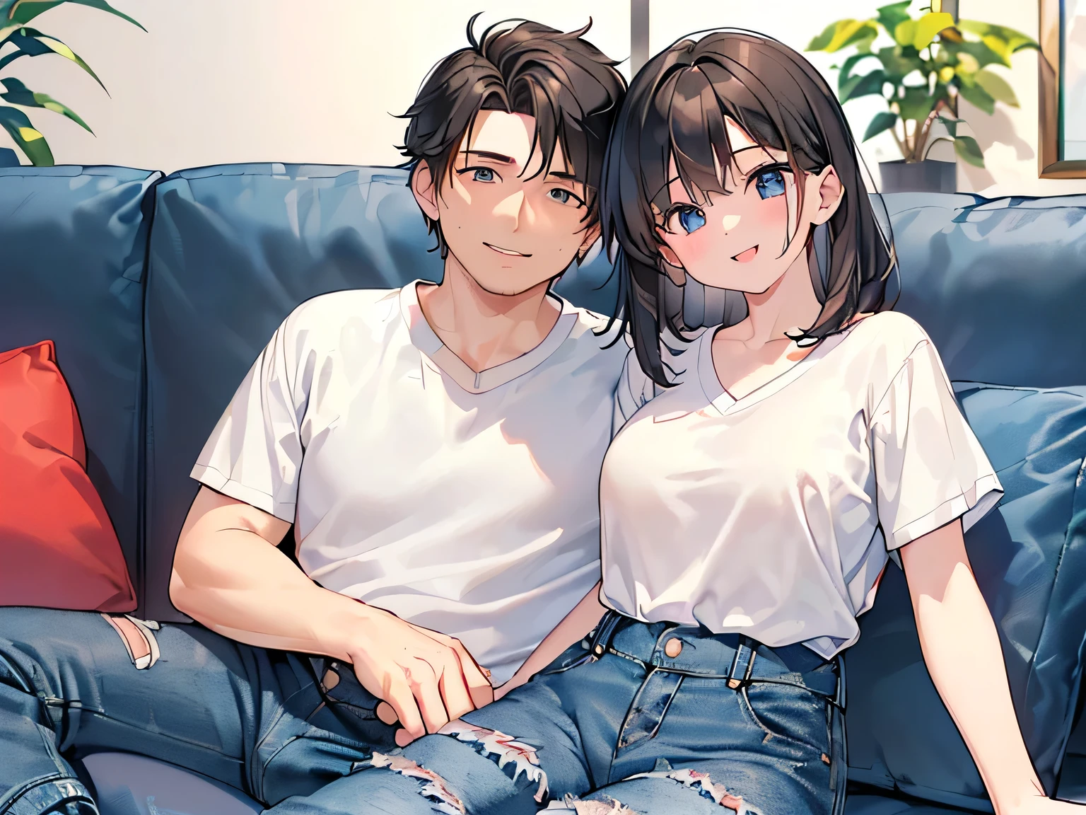 (masterpiece、highest quality、High resolution、Realistic photo、Real looking skin:1.1)、
(A happy couple is sitting on the sofa in the living room of an apartment:1.5)、
(A happy, smiling face:1.5)、
(The woman is 18 years old、She is wearing a V-neck short-sleeved knit, a mini skirt and black knee-high socks.、It's short black hair:1.8)、
(The man is 34 years old, so he looks a little old.、He is wearing a shirt and denim pants:1.8)、
(The location was the sofa in the living room of an apartment.:1.5)、
Full Body Esbian、Beautiful Eyes、Shining Eyes、Shining thighs、NSFW