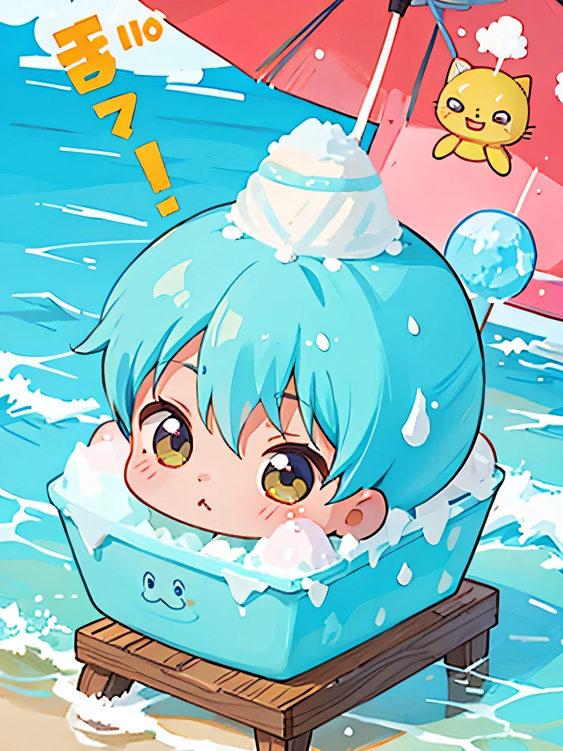 Akira Toriyama style, Kawaii Design, The most beautiful girl of all time、Chibi, making a fuss、Cute aliens, beach, summer, Swimwear, (((shaved ice))), hot summer