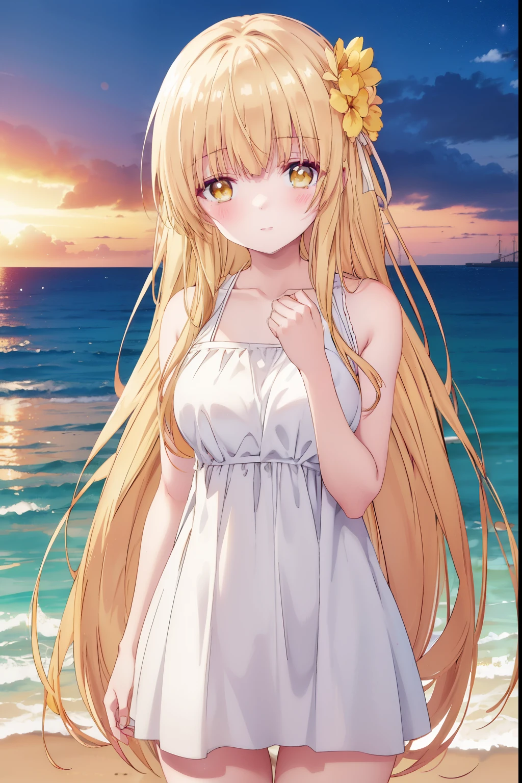 Mahiru shiina, , blonde, (Yellow Eyes:1.3)Straight Long Hair,,blush,smile,At sea、Wearing a cute swimsuit,Daytime、Wear a swimsuit、whole body、Sexy thighs
（masterpiece:1.2), highest quality, High resolution, unity 8k wallpaper, (shape:0.8), (Beautiful and beautiful eyes:1.6), Highly detailed face, Perfect lighting, Extremely detailed CG, (Perfect hands, Perfect Anatomy),