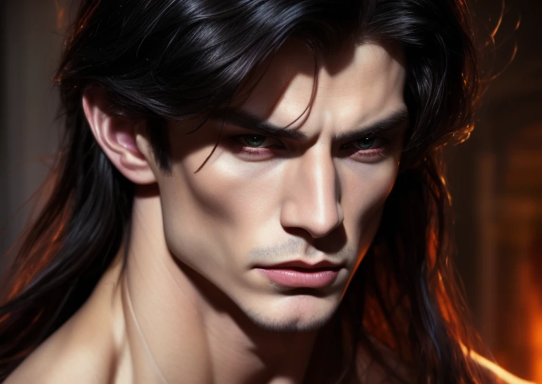 Highly detailed oil painting   beatiful  incubus  and perfect airbrush art , elegant man, primal ,  muscle , wild , ancient,  Face portrait of an demon, angular features, pale skin, masculine, long silky black hair,  armour, fantasy character illustration,  