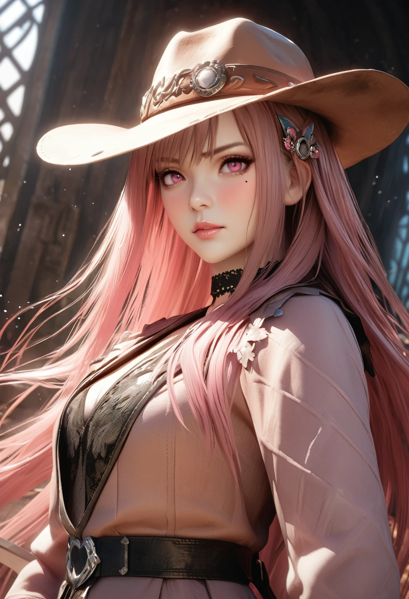 masterpiece,highest quality, Very detailed, High resolution, expensive resolution, High resolution, 4K, 8k, unity 8k wallpaper, Very detailed CG, masterpiece, Realistic, 2D, 3D, Beautiful details, depth, Fine texture , Super quality: 1.3, Fully focused, Crispy.skin, .he,
Very cute anime girl 、Cowboy Styleの衣装、Cowboy hat、Cowboy boots テキカン 荒野、Pink semi-long hair wearing expensive , One Girl、alone, Pink semi-long hair, Cowboy Style、Cowboy hat、Long sword、duel、Cowboy boots、computer、disk、Mole under the eye, looking at the viewer , expensive , blush, Mole, Lips parted, hair ornaments, heart, Pink Eyes, choker