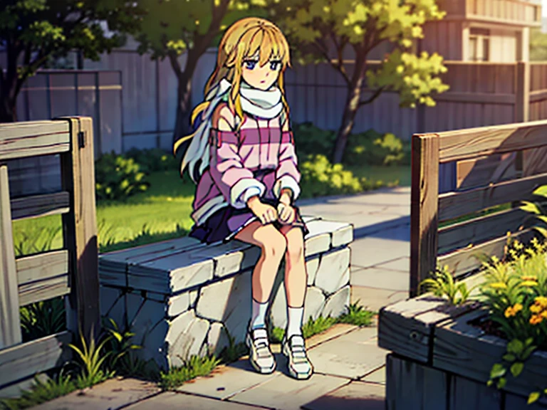 lucy from chrono ark, 1girl, solo, small breast, short height, soft smile, looking at viewer, blurry background, outdoors, full body, slim, ((masterpiece)), best quality, high detailed illustration, high detailed background, hi-res, standing, upper body, purple jacket, black short skirt, white scarf, legs together, sitting, bare feet