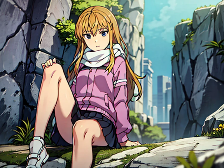 lucy from chrono ark, 1girl, solo, small breast, short height, soft smile, looking at viewer, blurry background, outdoors, full body, slim, ((masterpiece)), best quality, high detailed illustration, high detailed background, hi-res, standing, upper body, purple jacket, black short skirt, white scarf, legs together, sitting, bare feet