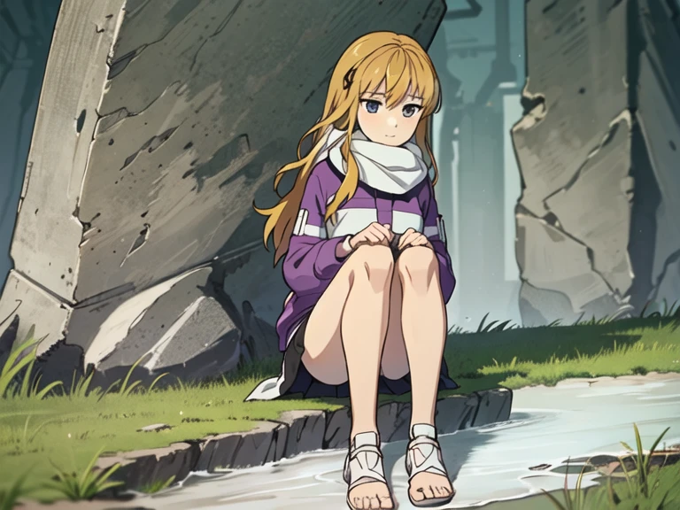 lucy from chrono ark, 1girl, solo, small breast, short height, soft smile, looking at viewer, blurry background, outdoors, full body, slim, ((masterpiece)), best quality, high detailed illustration, high detailed background, hi-res, standing, upper body, purple jacket, black short skirt, white scarf, legs together, sitting, bare feet