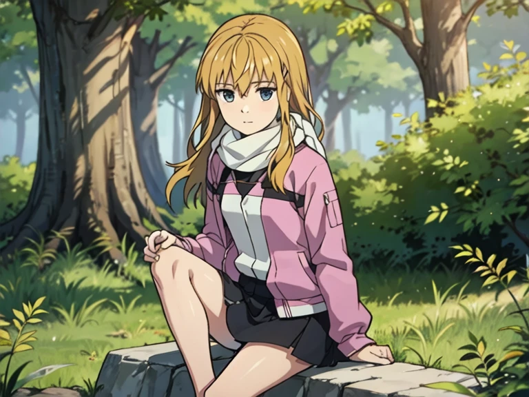 lucy from chrono ark, 1girl, solo, small breast, short height, soft smile, looking at viewer, blurry background, outdoors, full body, slim, ((masterpiece)), best quality, high detailed illustration, high detailed background, hi-res, standing, upper body, purple jacket, black short skirt, white scarf, legs together, sitting, bare feet