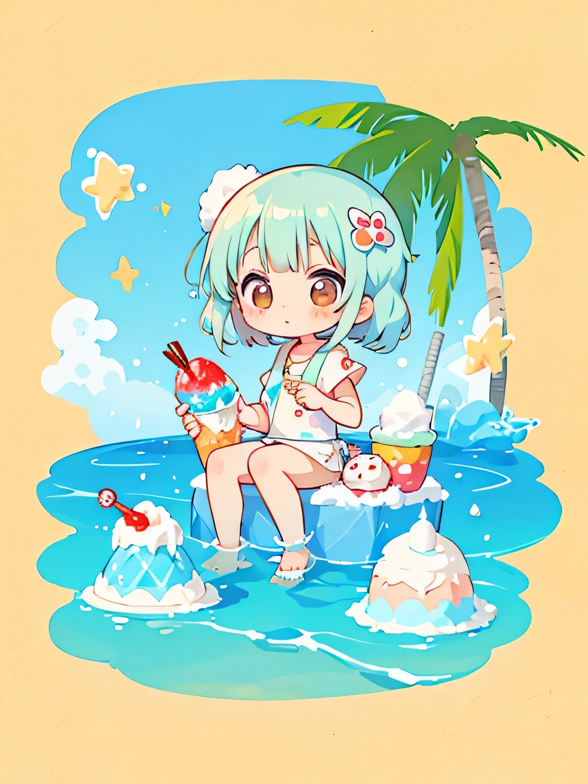 Takashi Murakami style, Kawaii Design, The most beautiful girl of all time、Chibi, making a fuss、Cute aliens, beach, summer, Swimwear, (((shaved ice))), hot summer