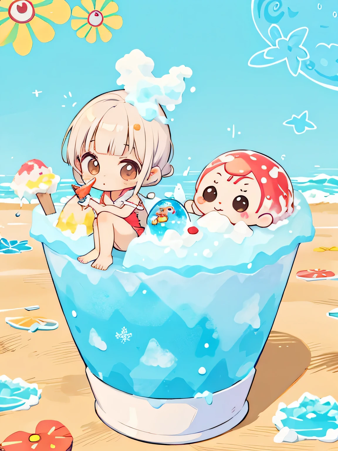 Takashi Murakami style, Kawaii Design, The most beautiful girl of all time、Chibi, making a fuss、Cute aliens, beach, summer, Swimwear, (((shaved ice))), hot summer