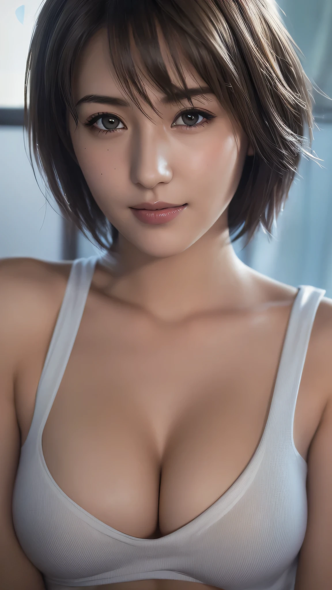 Top quality, ultra high resolution, (photorealistic: 1.4), beautiful eyes, super beautiful, short hair, beautiful breasts, lover, t-shirt with rough chest, eyes inviting viewer, lover's eyes, inviting facial expressions, sexy smile, perfect style, perfect balance, detailed skin, naughty eyes, chest visible