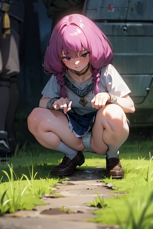 (masterpiece, highest quality), Intricate details, One girl, Squat, Embarrassing, anger, Glare, Blushing,incontinence,Thin yellow liquid spurting out from under her legs,A thin yellow puddle at my feet,In the grass,Black stains on underwear,Urinating,Wearing shoes,Alley,Peeing,Thin yellow liquid dripping from the crotch ,Place hands on crotch