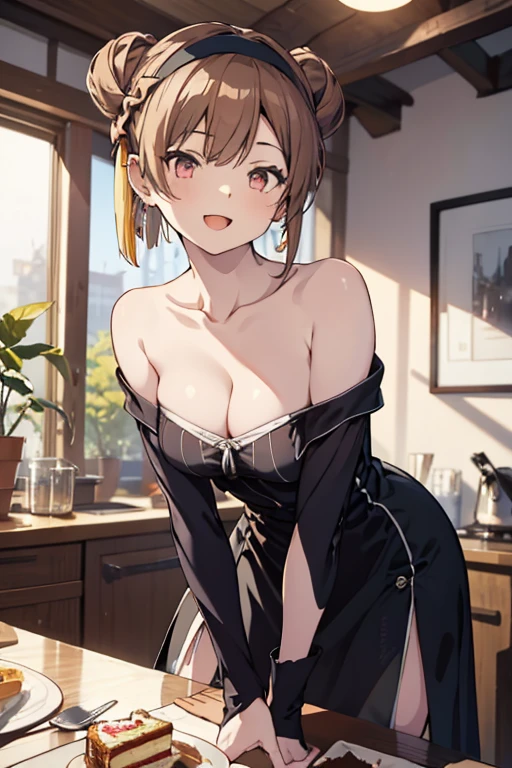 Adult Woman, masterpiece, 1girl, Amazing Cleavage:1.3, thin waist, big ass, Raised sexy, medium breast:1.3,posed cleavage:1.2,solo, open mouth, have a cup of coffee,black hair, red eyes, dress, bare shoulders, jewelry, collarbone, sidelocks, hairband, earrings, indoors, off shoulder, arms behind back, plant, short hair with long locks, black hairband, sweater dress, off-shoulder sweater, red sweater, big side hair, very long side hair,is rendered in (masterpiece: 1.2, best quality), with (ultra high resolution) and an exquisite (depth of field). This masterpiece is not only visually stunning but also tells, make of cooking some cakes ,in the kitchen,Long dark blonde wavy hair、her thin pubic hair, Puffy nipple、(short flared skirt)、garter stocking、Earring、Medium milk, cute smile face、(Pose to lean forward and emphasize the chest)、sexy hips、high-heels、atlibrary、((Close your arms to your chest and look up)),(with sparkling eyes and a contagious smile), looking at viewer,
