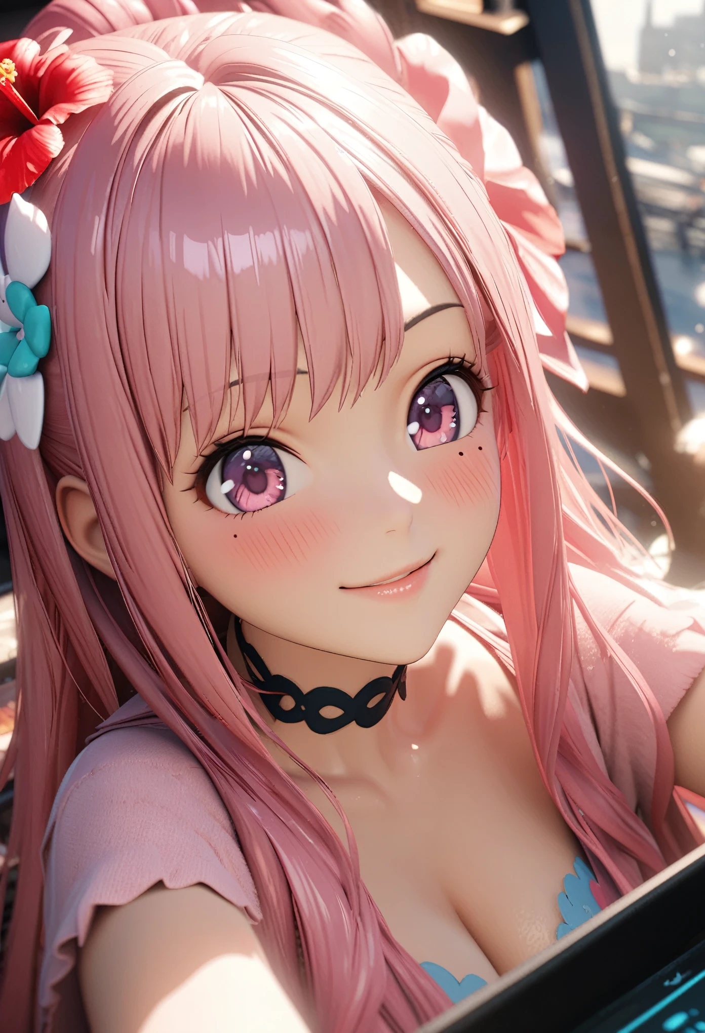 masterpiece, highest quality, Very detailed, High resolution, An expensive solution, High resolution, 4K, 8k, unity 8k wallpaper, Very detailed CG, masterpiece,  2D, 3D, Beautiful details, depth, Fine texture, highest quality: 1.3, Total concentration, Crisp skin, he, Very cute anime rabbit, A cute rabbit like an idol, expensive pink long hair, One Girl, Aloha One Piece, morning, morning食, hibiscus hair accessory, Smiling long pink hair, whole body, Mole under the eye, Line Sight, expensive, blush, Lips parted, heart, Pink Eyes, choker
